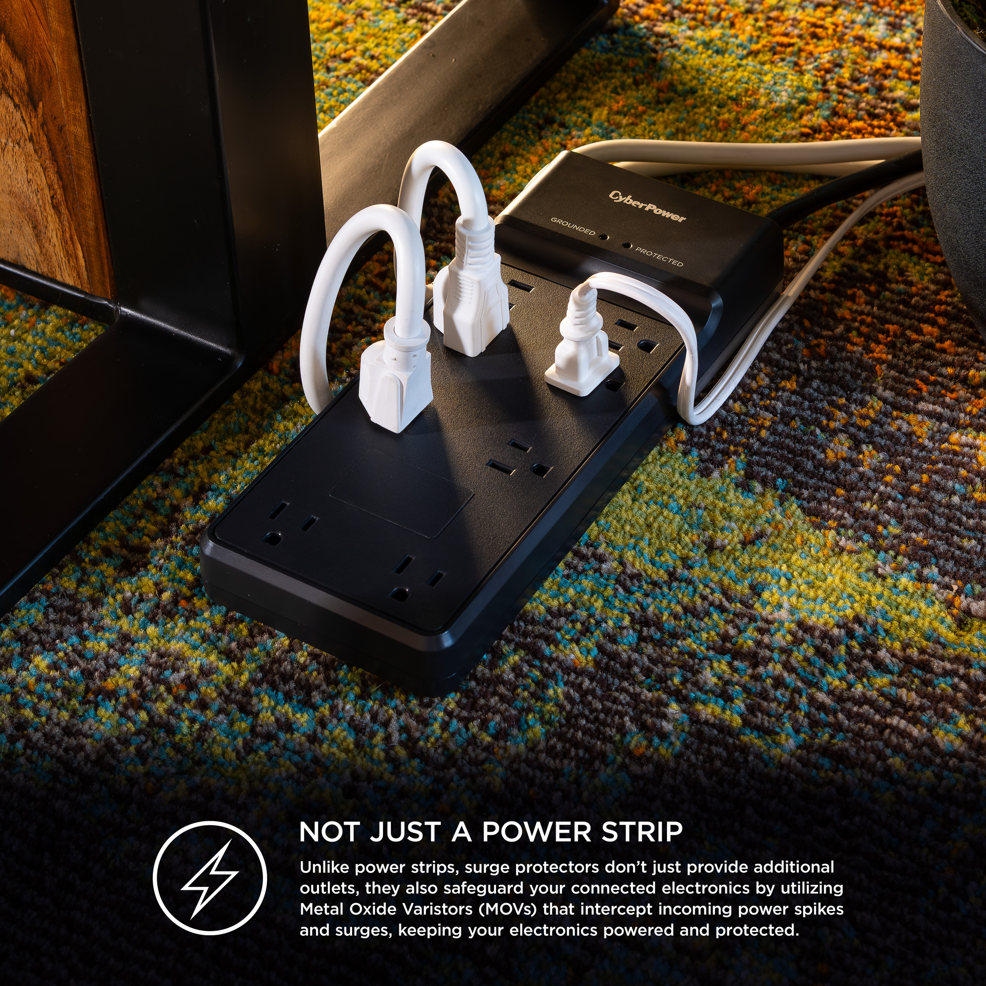 CyberPower CSB806R1 black surge protector with 8 outlets, 4,800 joules, and 6 ft cord — view 12