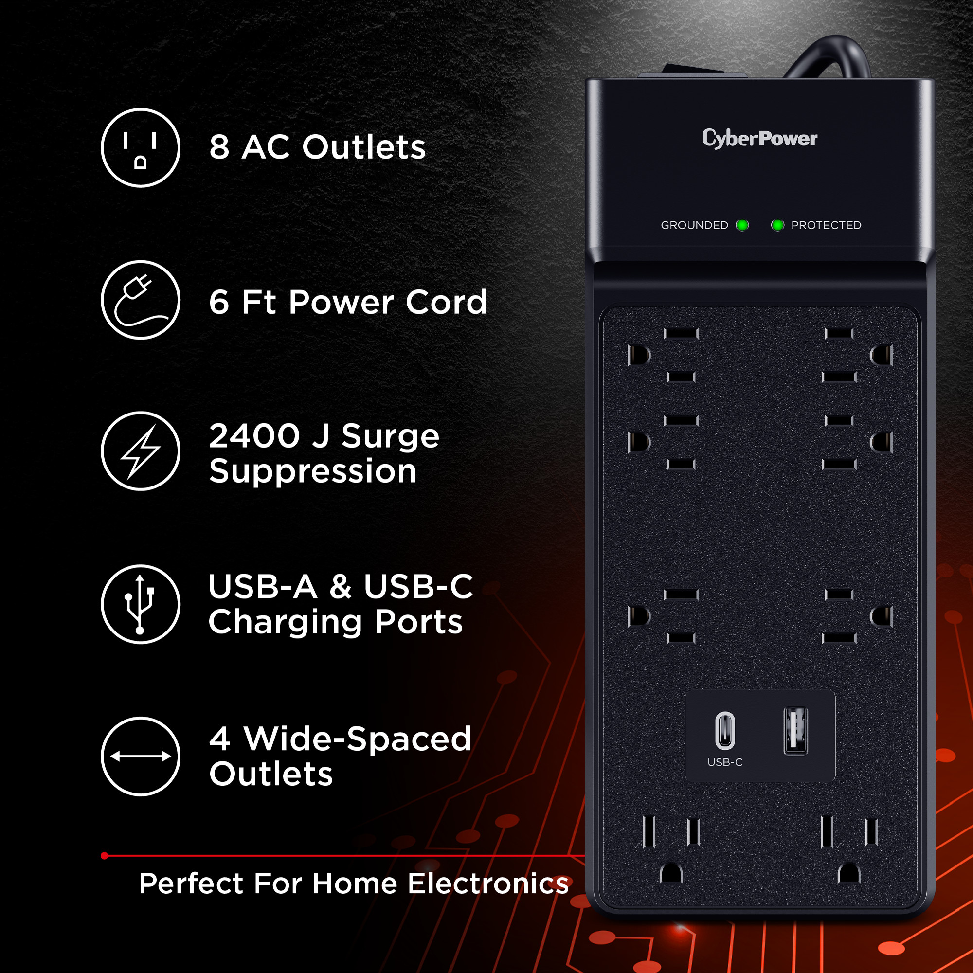 CyberPower CSP806UC18 black surge protector with 6 ft cord for desktop and office equipment — view 5