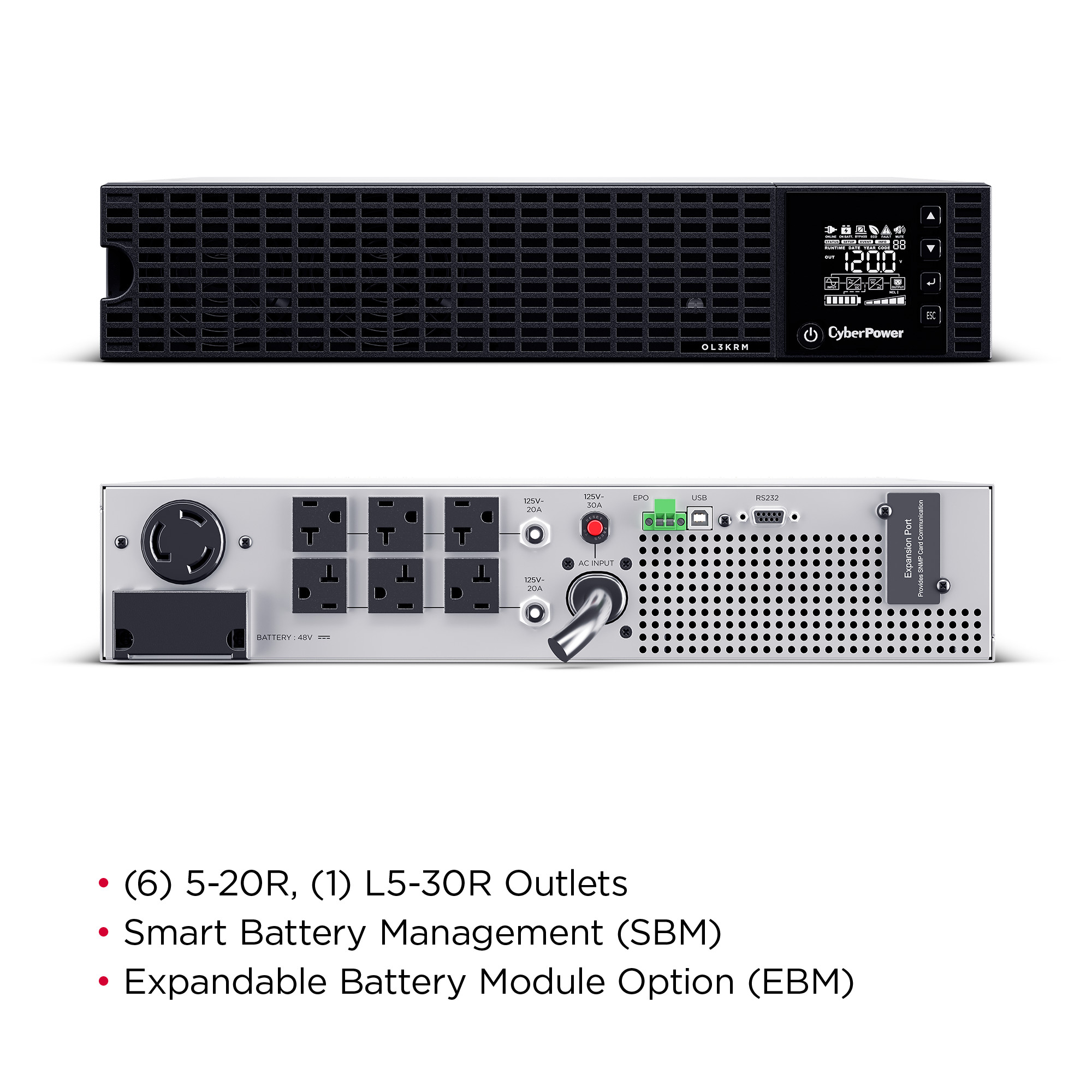 CyberPower OL3KRM 3,000 VA 2,400 W 2U rackmount UPS front view — view 7