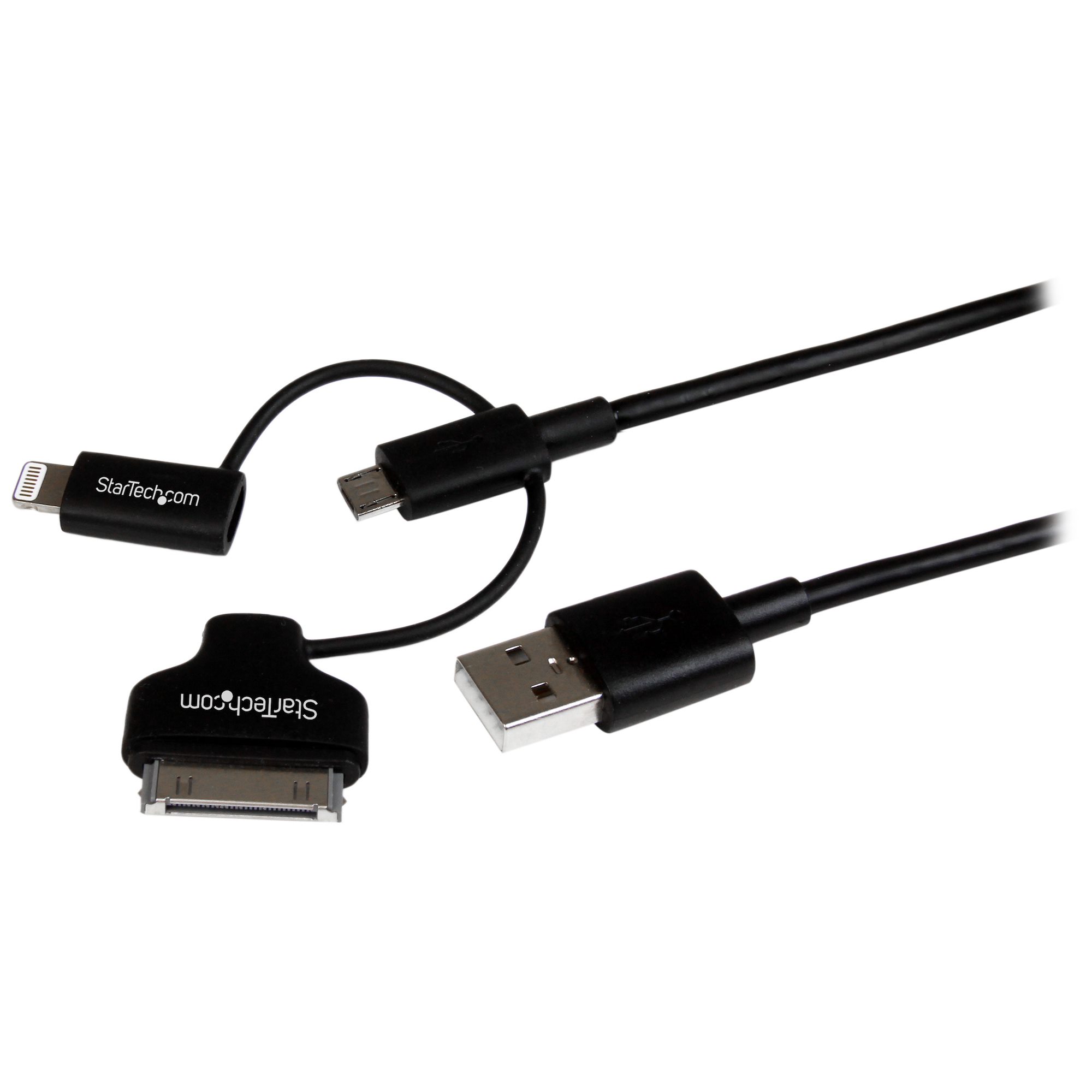 StarTech.com LTADUB1MB 3-in-1 Charging Cable, USB-A to Lightning, 30-Pin Dock or Micro-USB, 1 m (3 ft), Black
