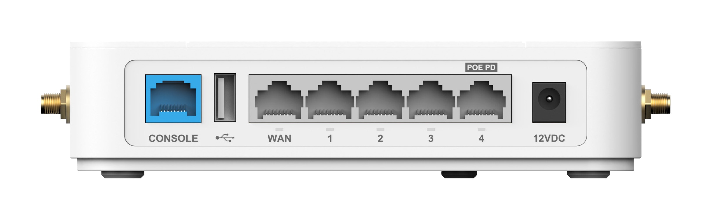 Fortinet FortiExtender 202F compact square indoor dual-modem LTE router with six external SMA antenna connectors and Gigabit Ethernet ports. — view 4