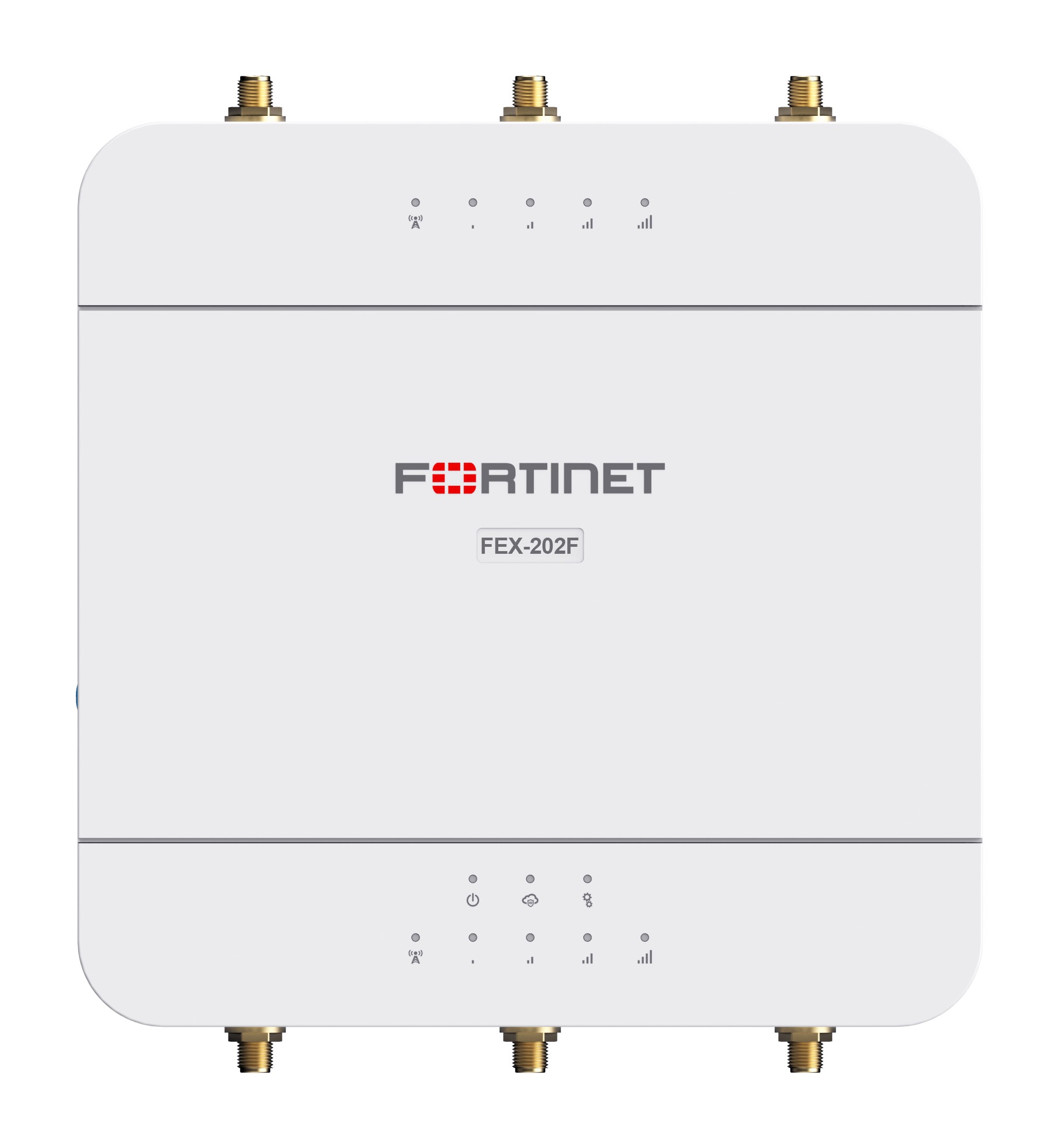 Fortinet FortiExtender 202F compact square indoor dual-modem LTE router with six external SMA antenna connectors and Gigabit Ethernet ports. — view 2