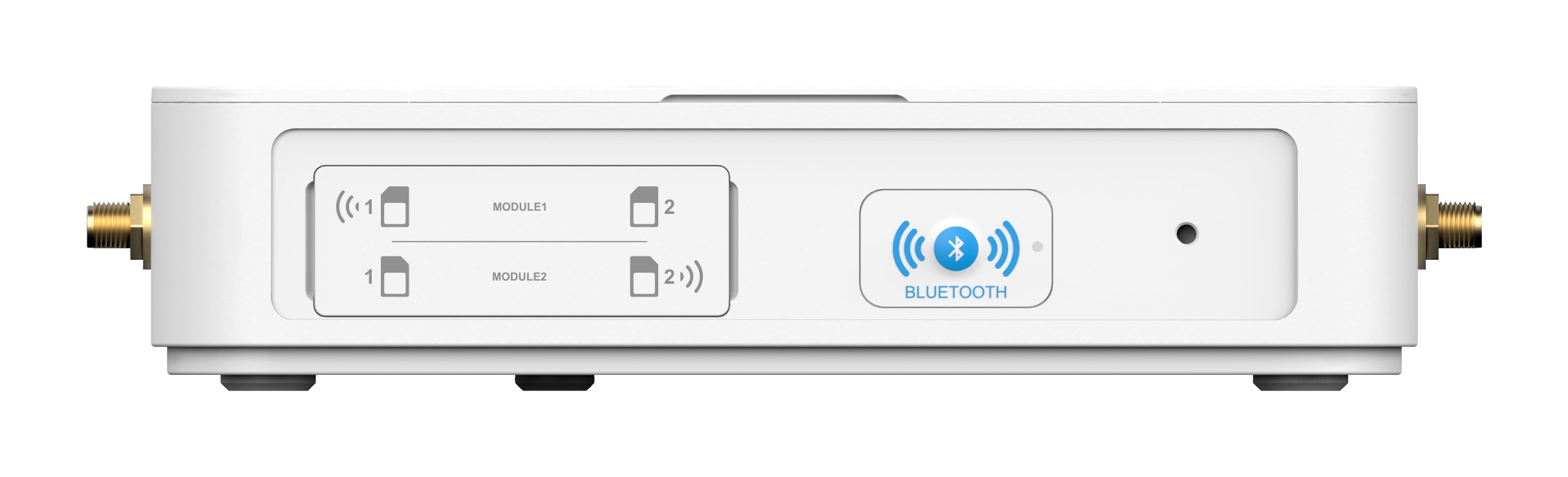 Fortinet FortiExtender 202F compact square indoor dual-modem LTE router with six external SMA antenna connectors and Gigabit Ethernet ports. — view 3