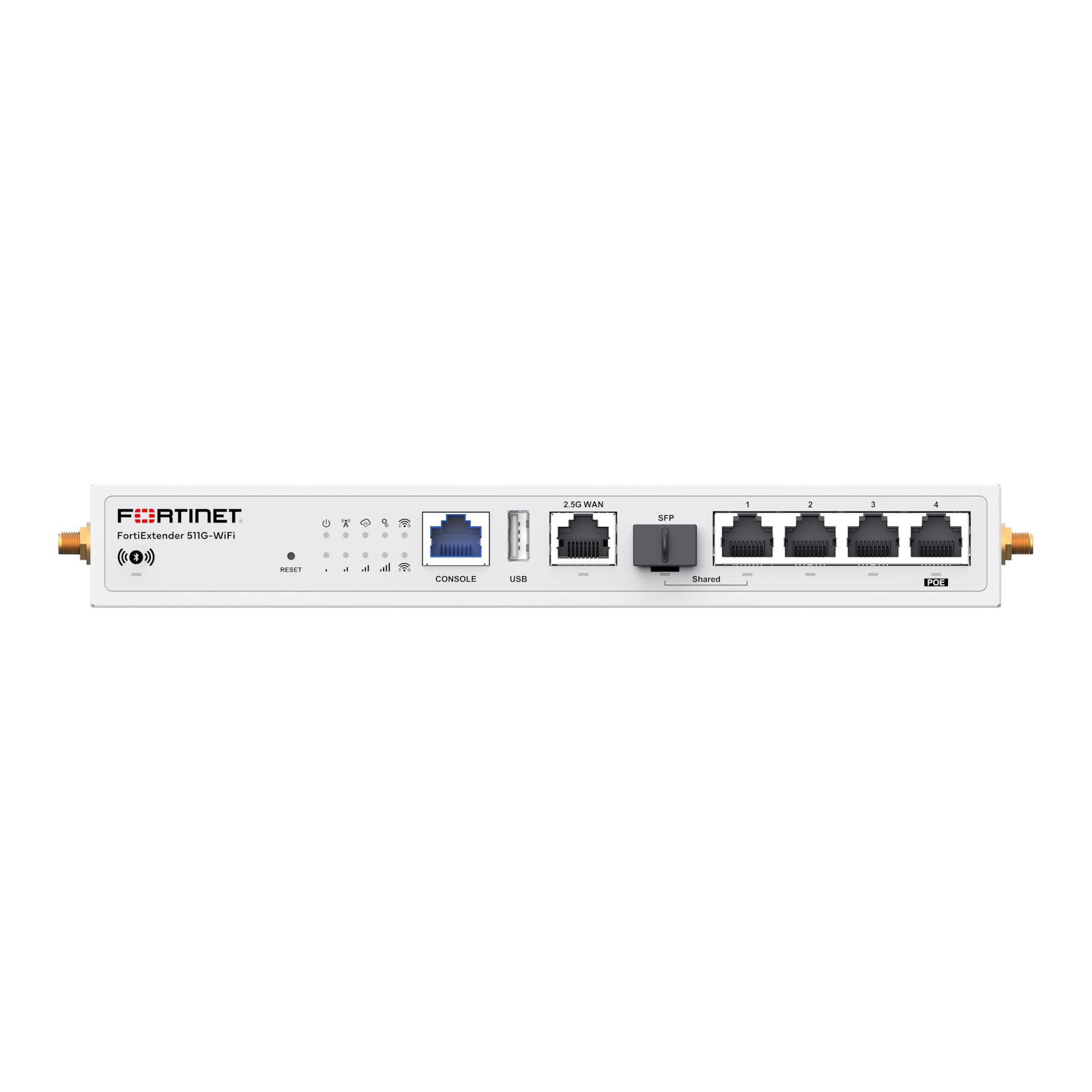 Fortinet FortiExtender 511G-WiFi indoor 5G router with four SMA cellular connectors, two RP-SMA Wi-Fi connectors and multi-gig Ethernet ports. — view 2