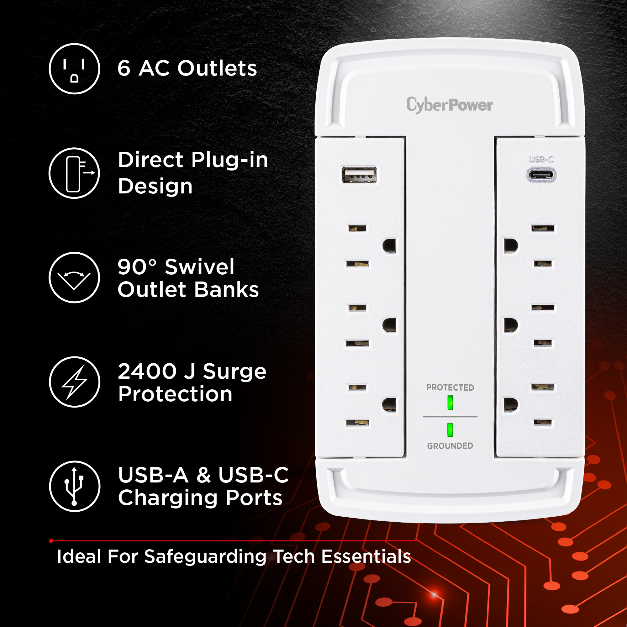 CyberPower CSP6WSUC white wall-tap surge protector with 6 outlets — view 5