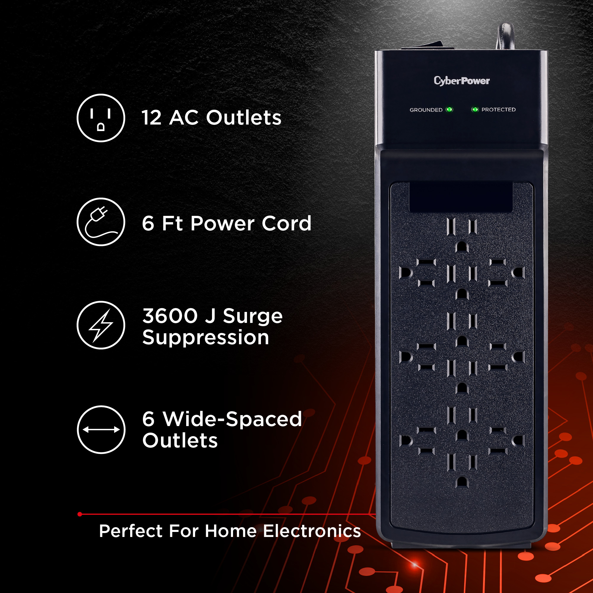CyberPower CSB1206 black surge protector with 12 outlets and 6 ft cord — view 5