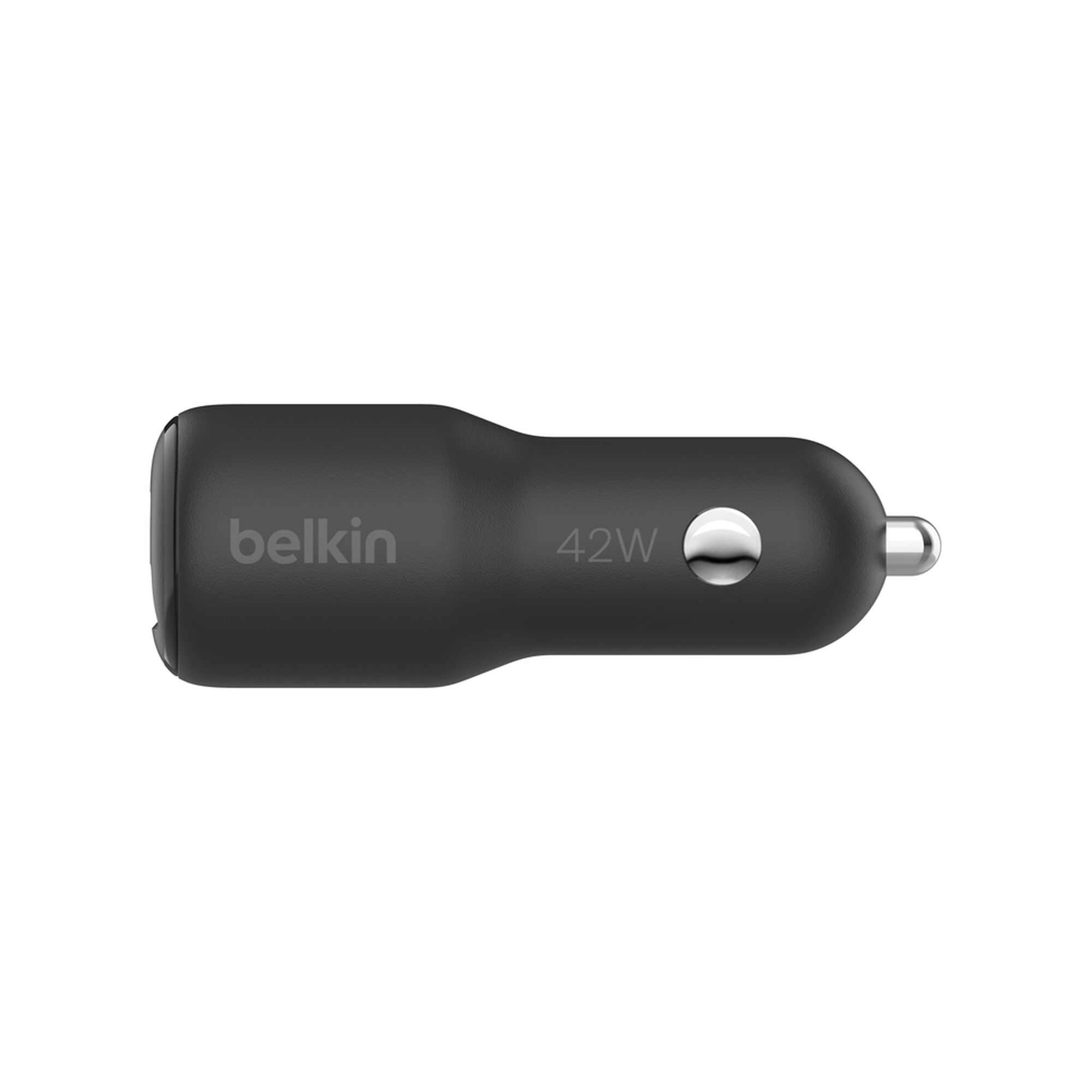 Black Belkin BoostCharge 42W dual car charger with one USB-C and one USB-A port. — view 2
