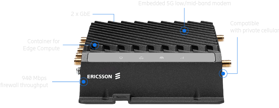 Cradlepoint R980 compact ruggedized metal 5G router with SMA antenna connectors and Ethernet ports. — view 5
