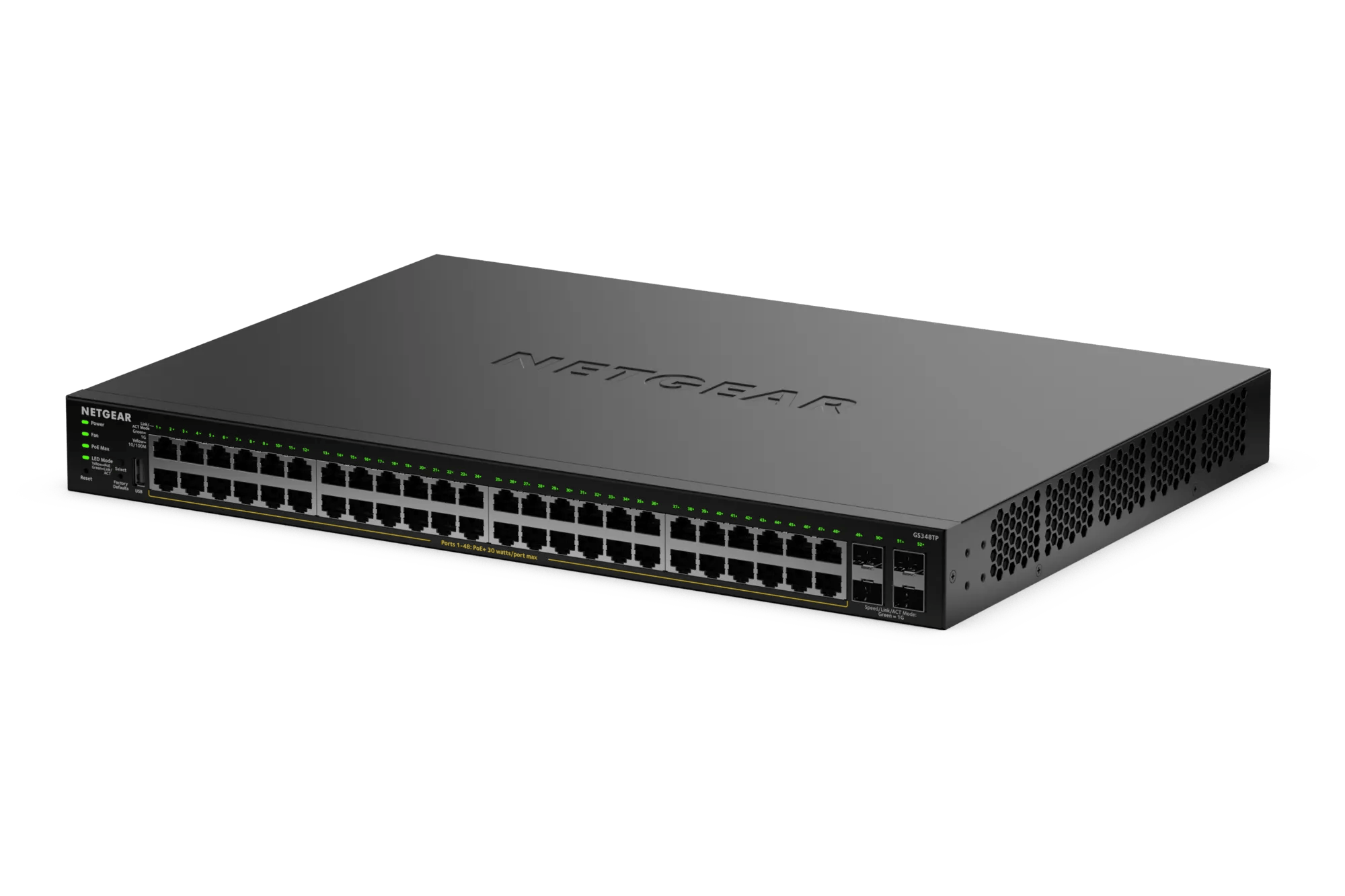 Netgear S350 GS348TP smart-managed switch with 48 PoE+ Gigabit Ethernet ports and 4 SFP uplinks — view 3