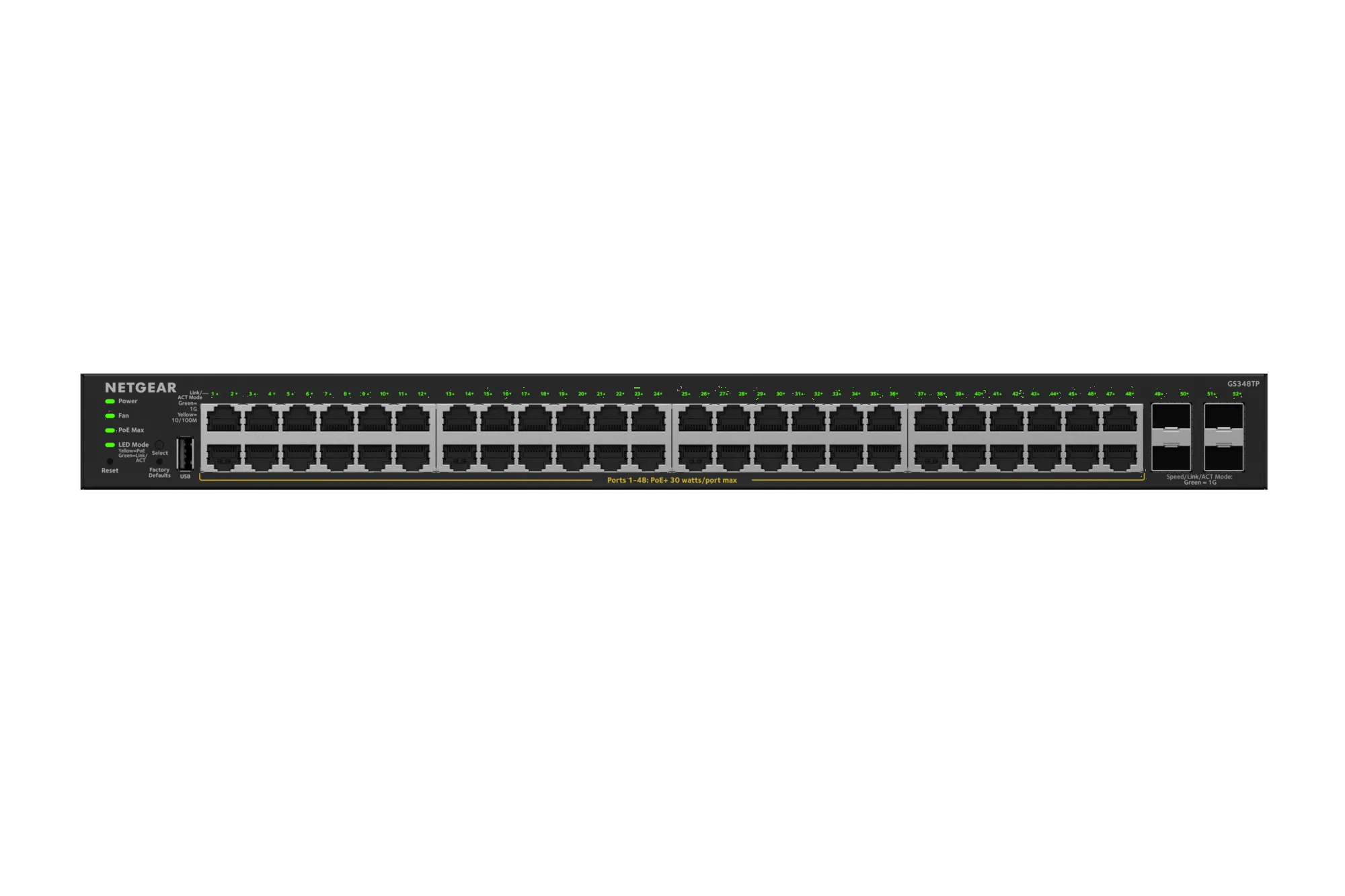 Netgear S350 GS348TP smart-managed switch with 48 PoE+ Gigabit Ethernet ports and 4 SFP uplinks — view 2