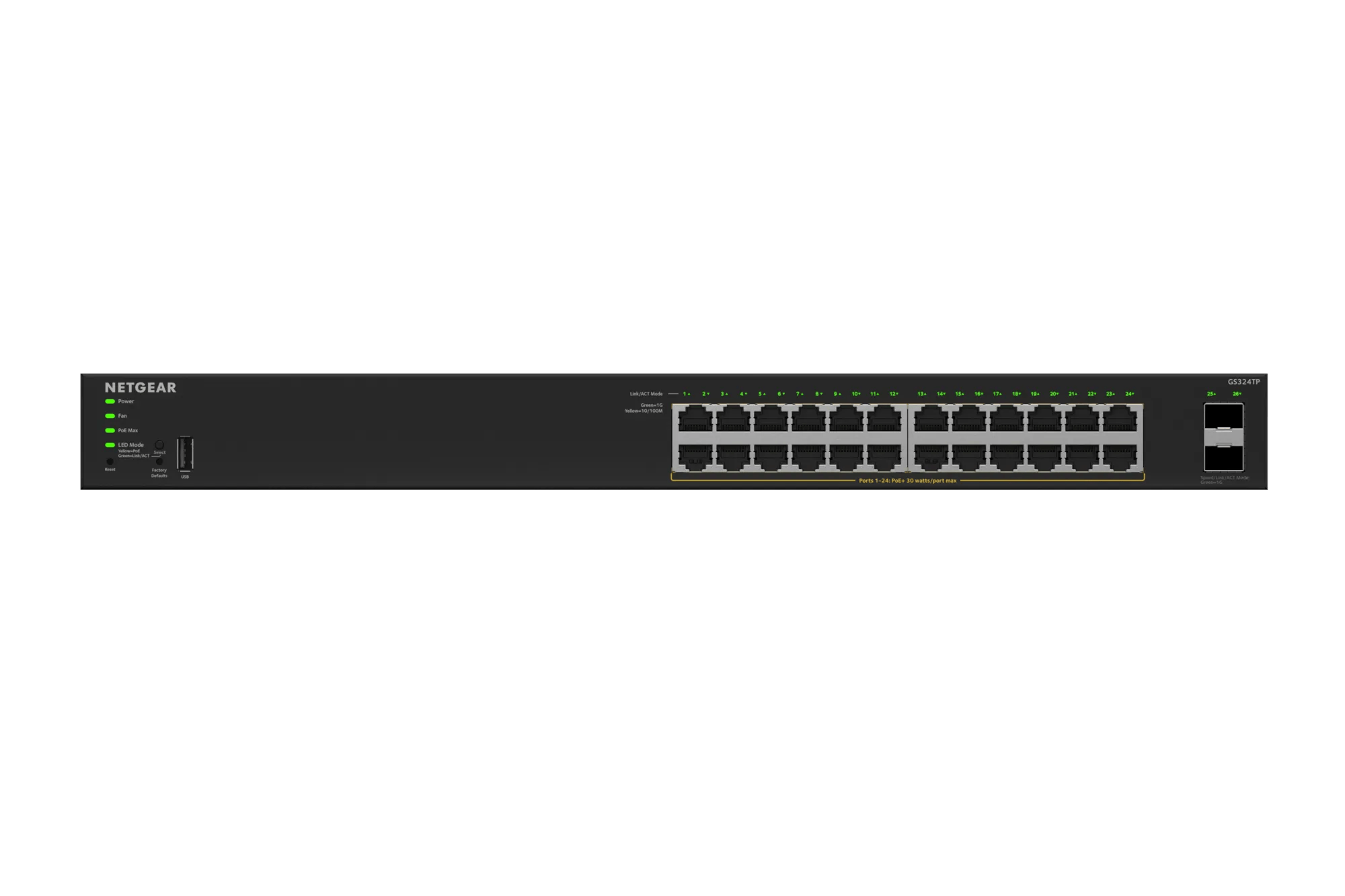 Netgear S350 GS324TP-200NAS 24-port Gigabit PoE+ smart-managed L2 switch with 2 SFP slots — view 2