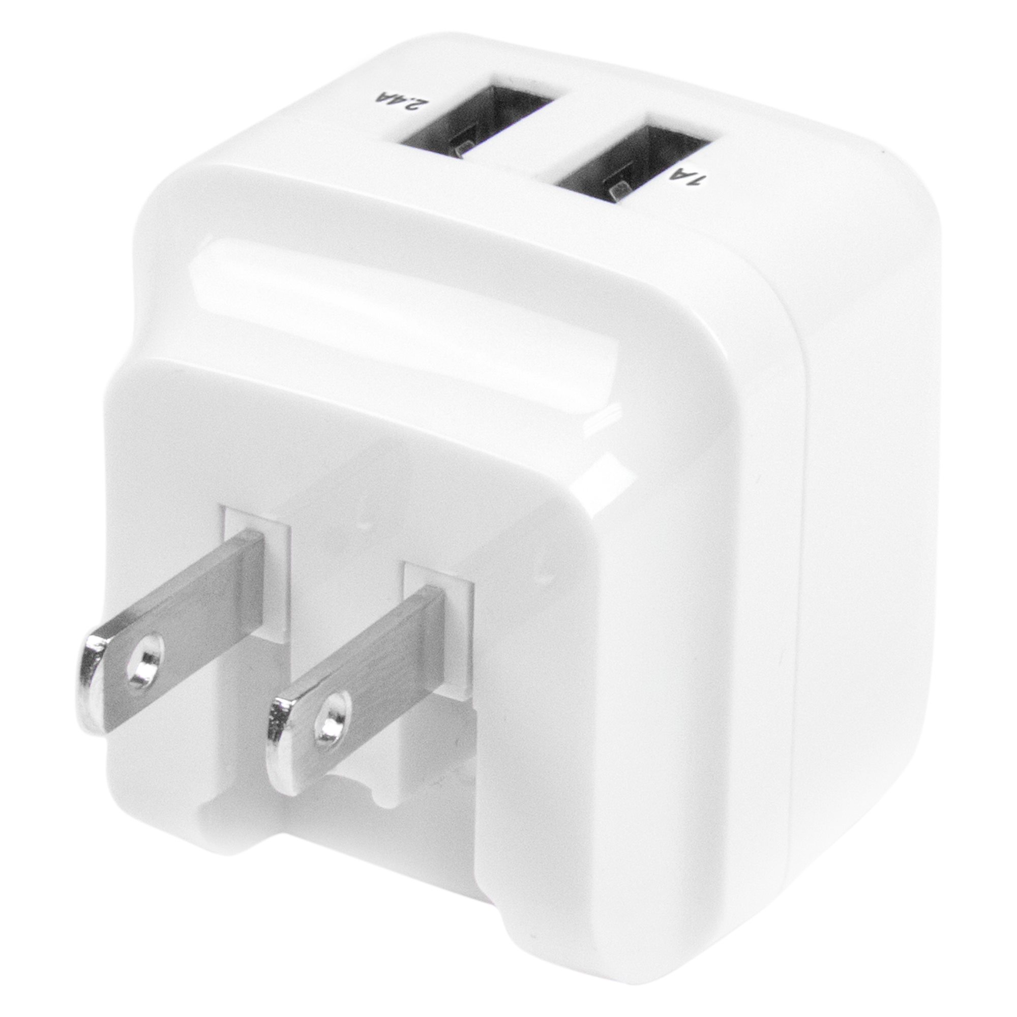 White StarTech.com USB2PACWH dual-port USB wall charger shown with interchangeable international plugs. — view 3