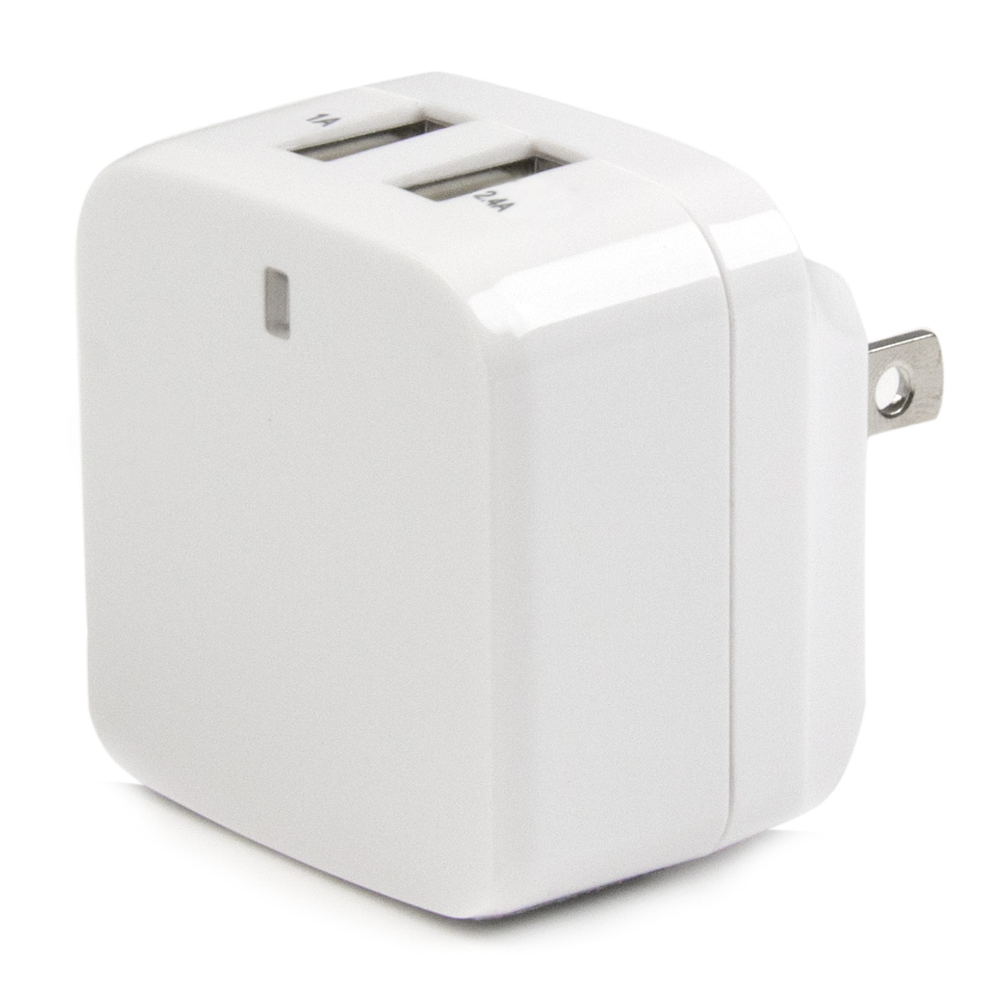White StarTech.com USB2PACWH dual-port USB wall charger shown with interchangeable international plugs. — view 2