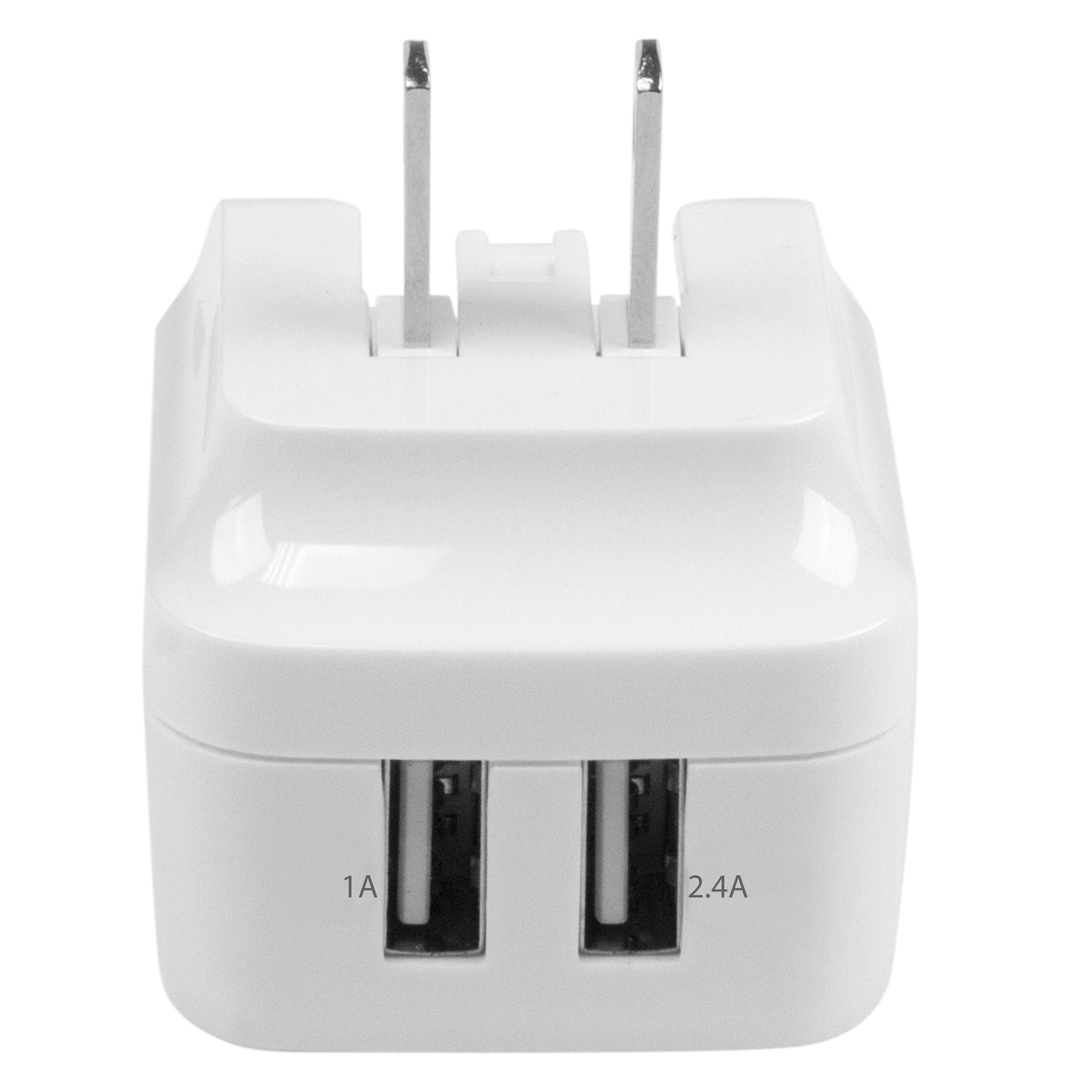 White StarTech.com USB2PACWH dual-port USB wall charger shown with interchangeable international plugs. — view 4