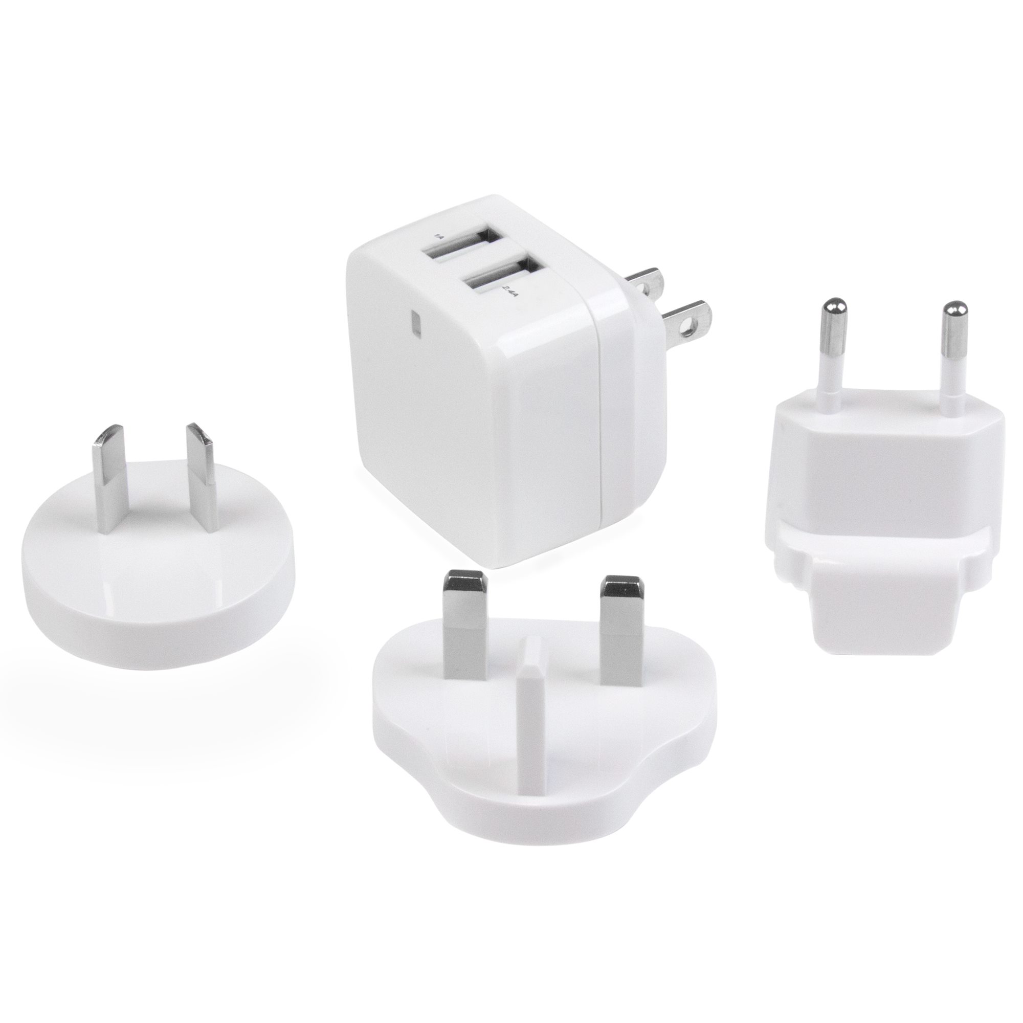 White StarTech.com USB2PACWH dual-port USB wall charger shown with interchangeable international plugs. — view 5