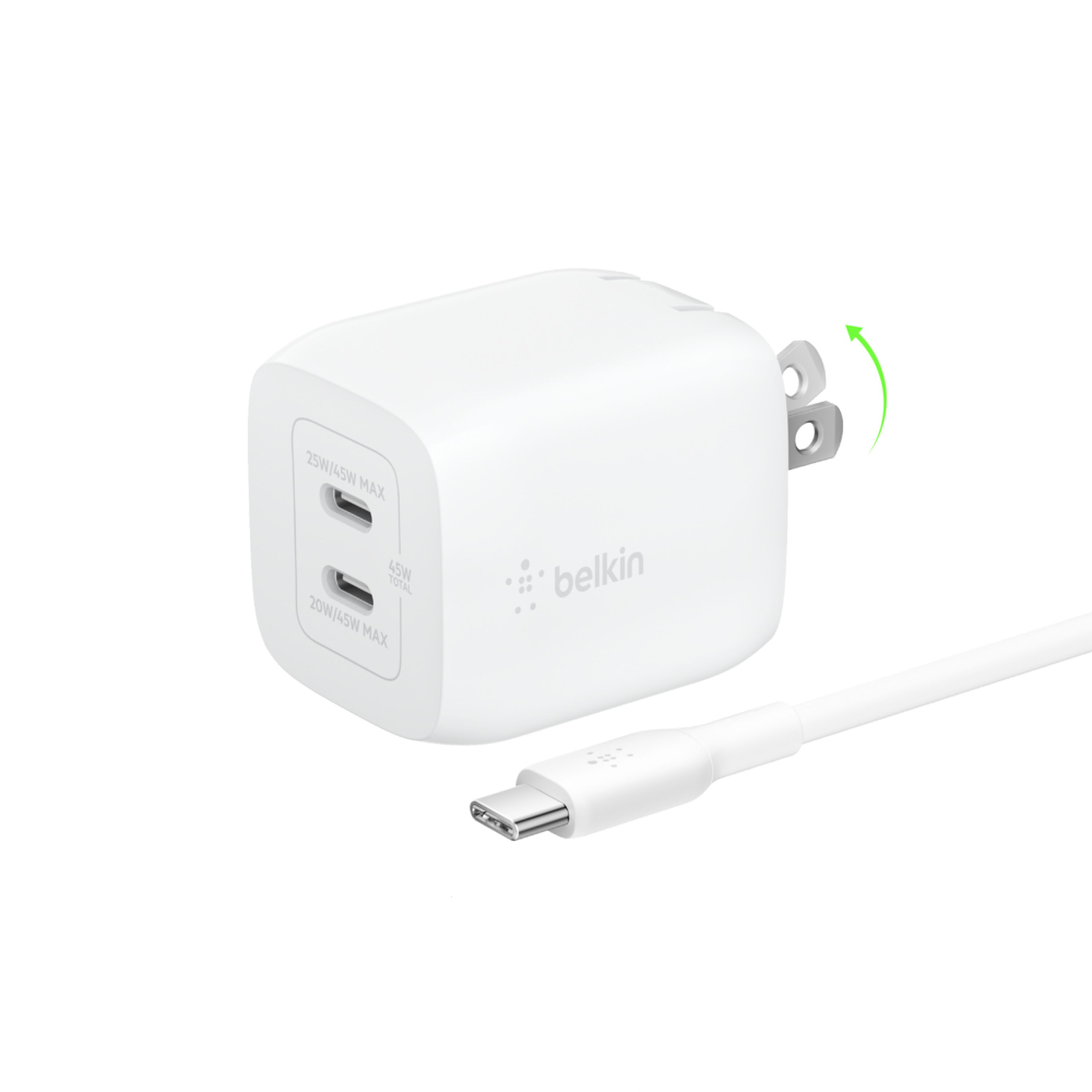 Belkin BoostCharge Pro 45W Dual USB-C GaN Wall Charger with PPS and 2m Cable, White