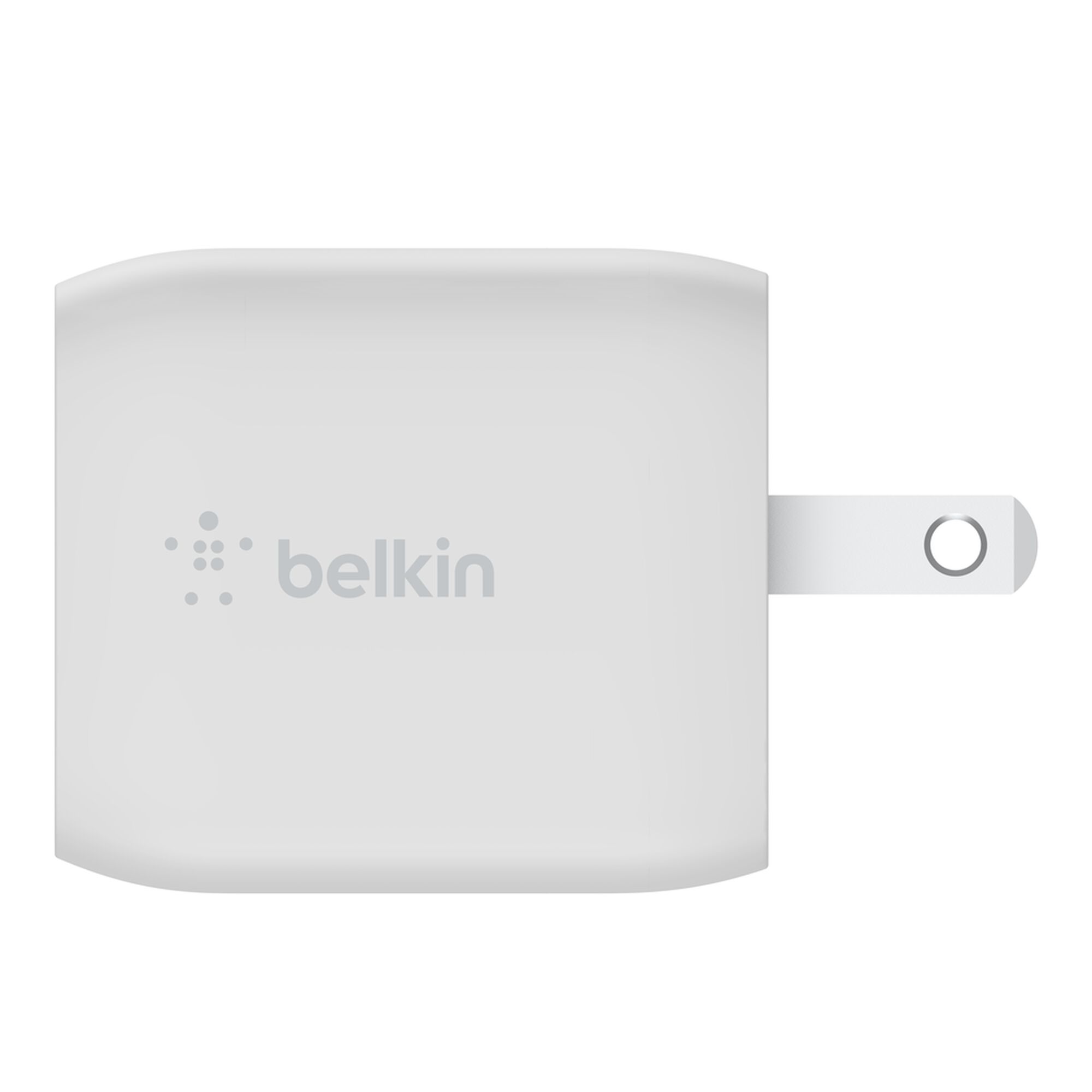 White Belkin BoostCharge Pro 45W dual USB-C GaN wall charger with foldable prongs and a coiled white USB-C to USB-C cable. — view 5