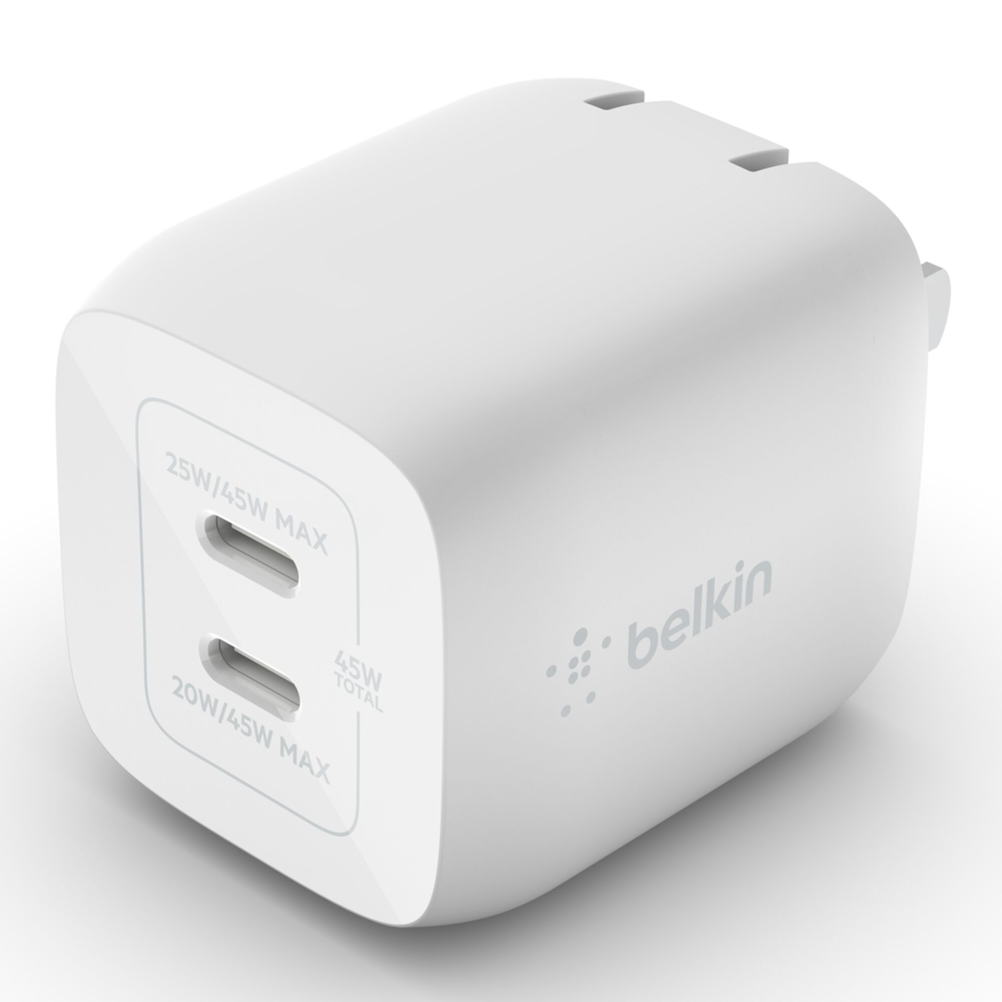 White Belkin BoostCharge Pro 45W dual USB-C GaN wall charger with foldable prongs and a coiled white USB-C to USB-C cable. — view 3