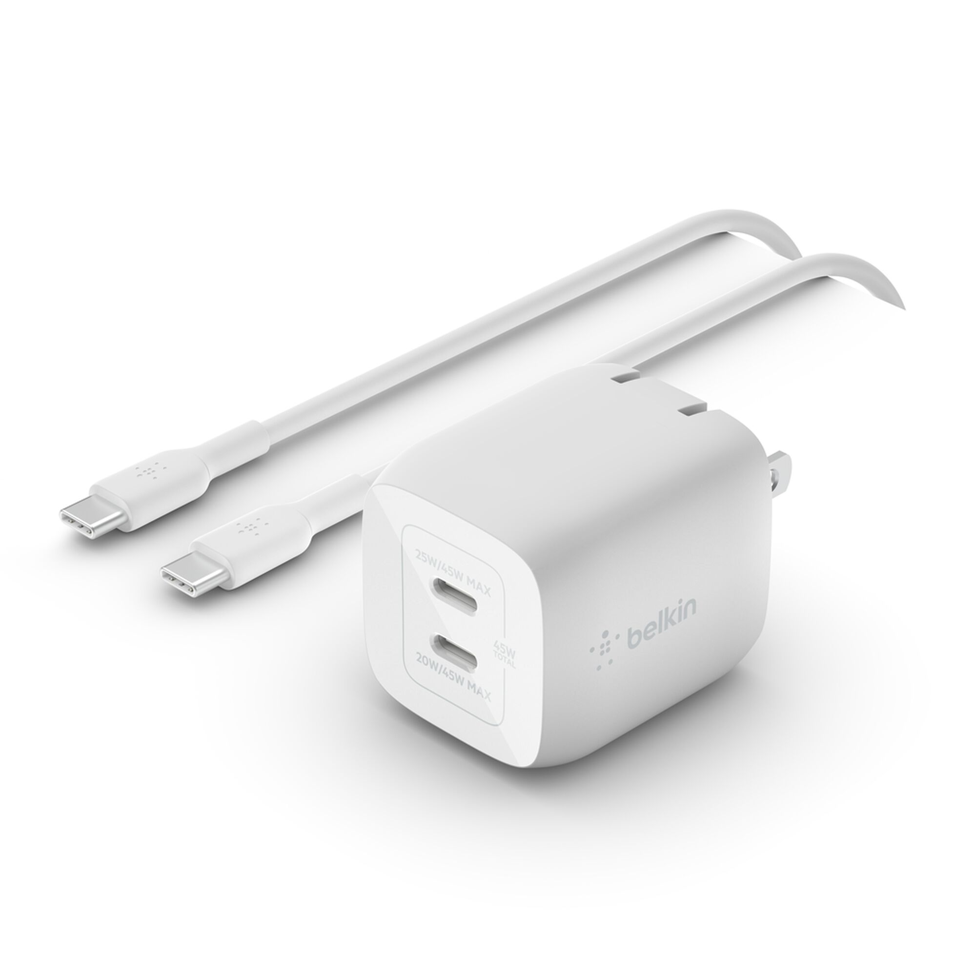 White Belkin BoostCharge Pro 45W dual USB-C GaN wall charger with foldable prongs and a coiled white USB-C to USB-C cable. — view 2