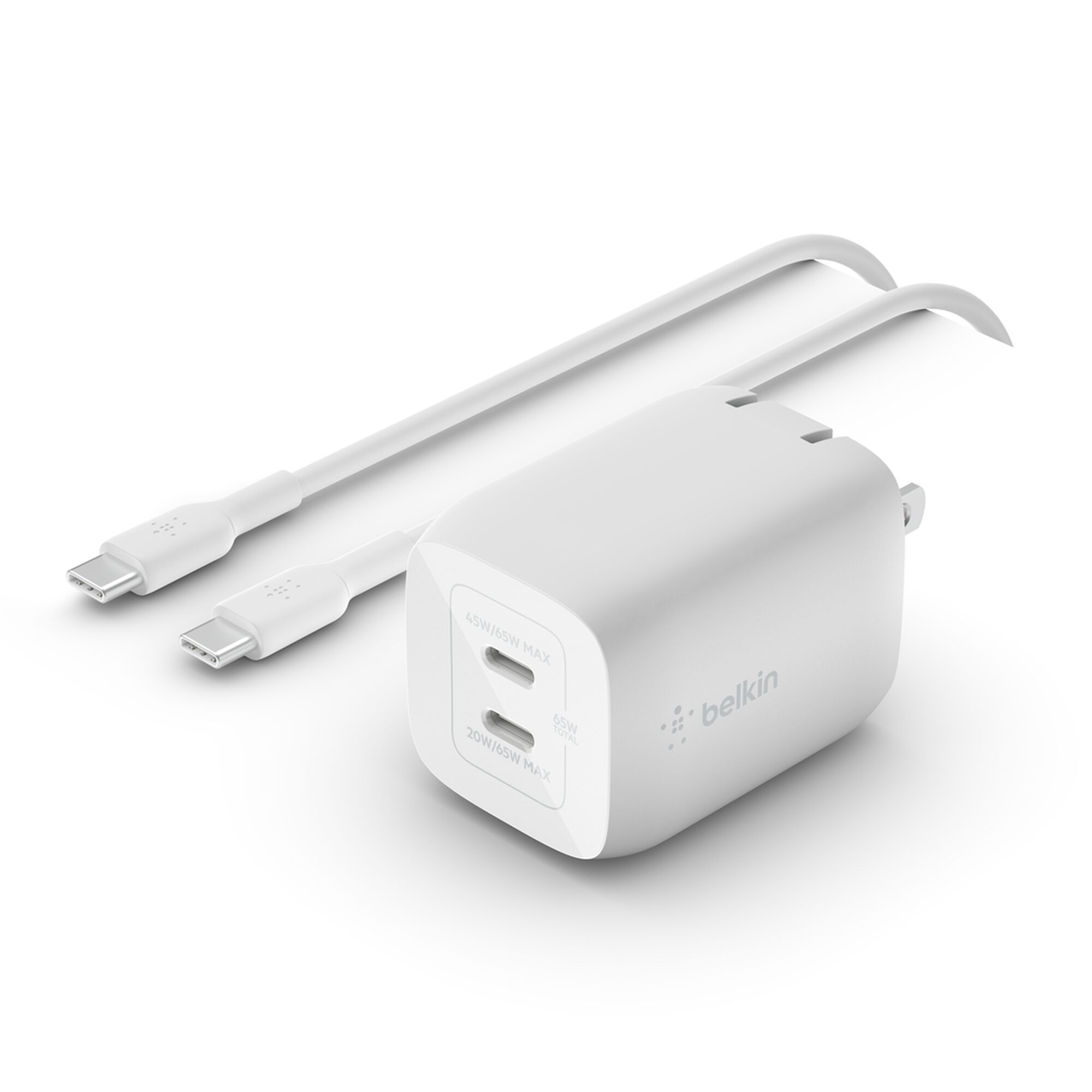 Belkin BoostCharge Pro 65W Dual USB-C GaN Wall Charger with PPS and 2m USB-C Cable, White