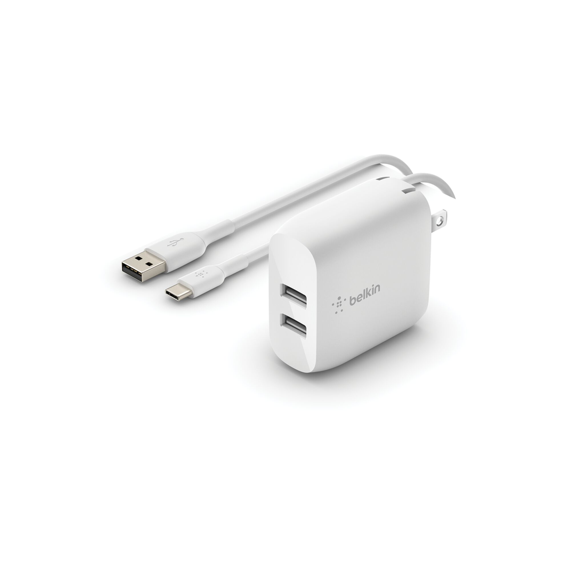 Belkin BoostCharge Dual USB-A Wall Charger 24W with USB-A to USB-C Cable, White