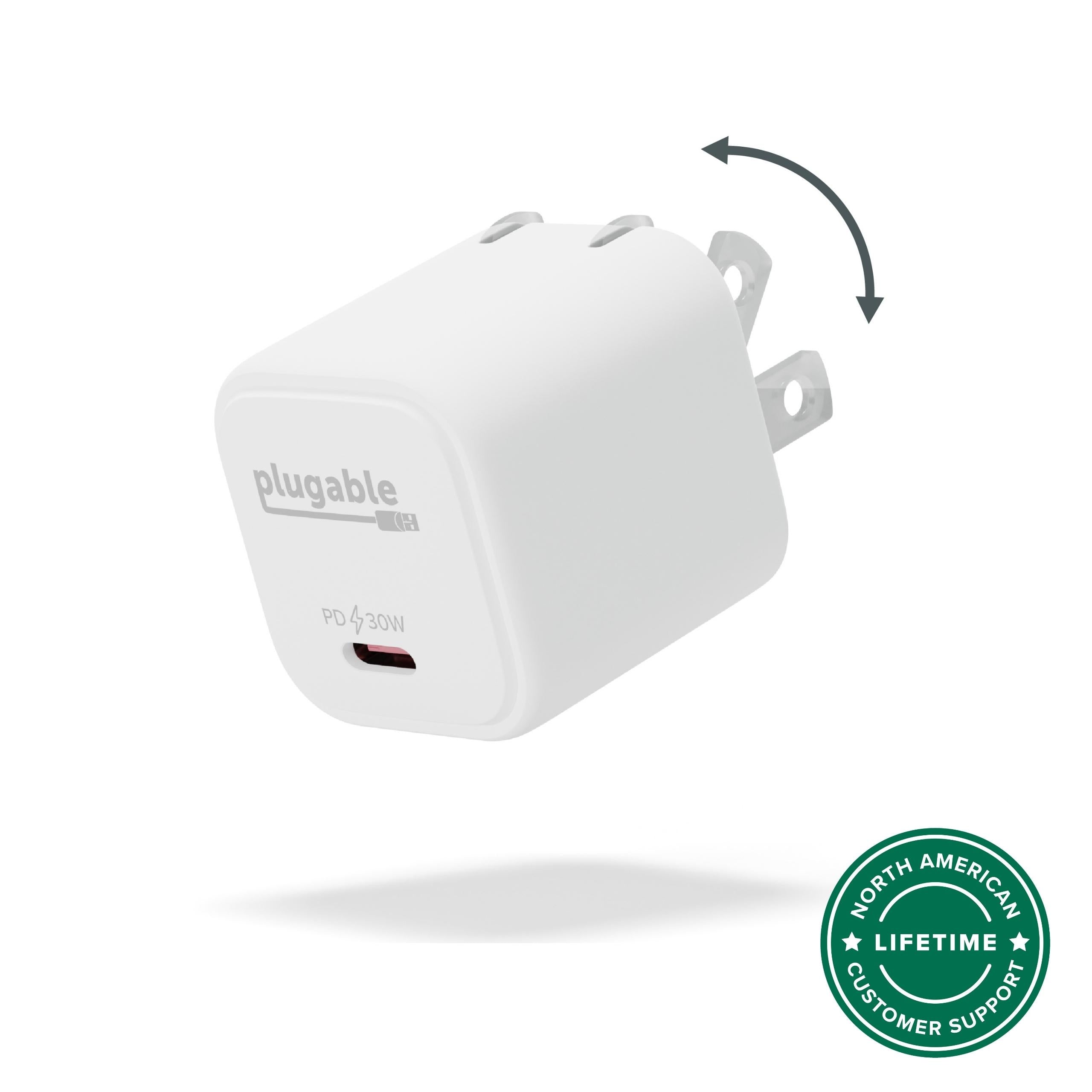 Plugable PS-30C1W 30W GaN USB-C Charger Block with Foldable Prongs, White