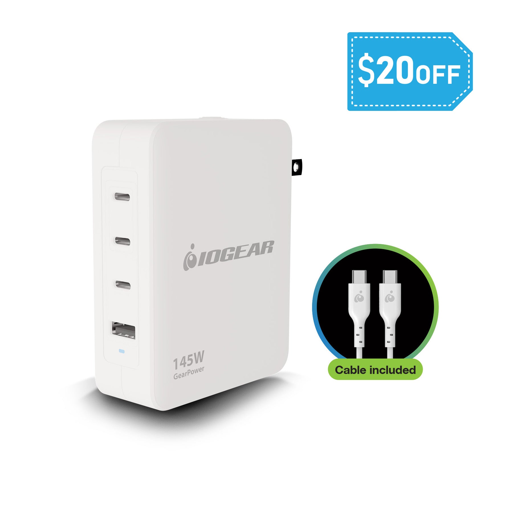 IOGEAR GearPower 145W 4-Port GaN USB-C Multiport Wall Charger