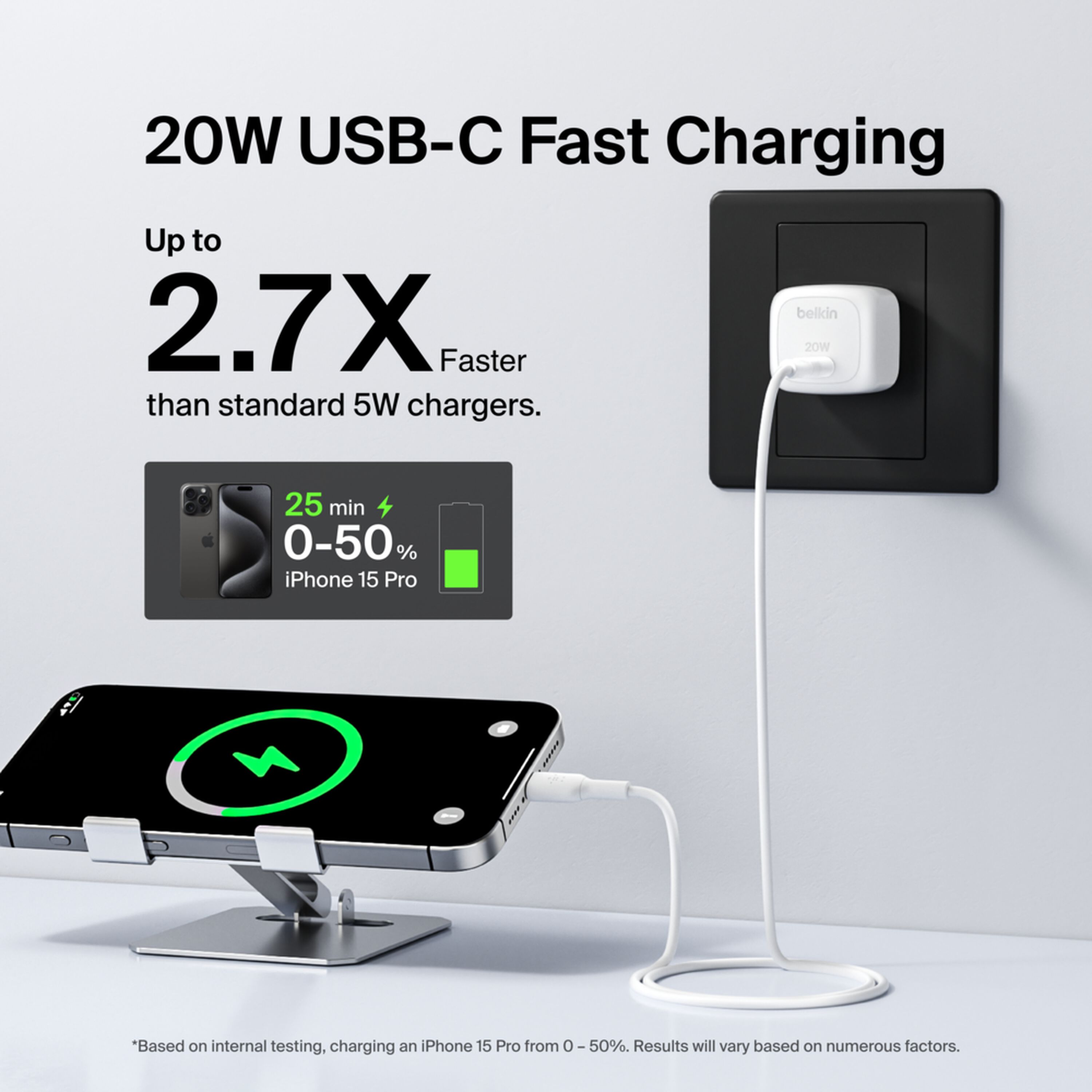 White Belkin BoostCharge 20W compact cube USB-C wall charger with foldable prongs and one USB-C port. — view 2