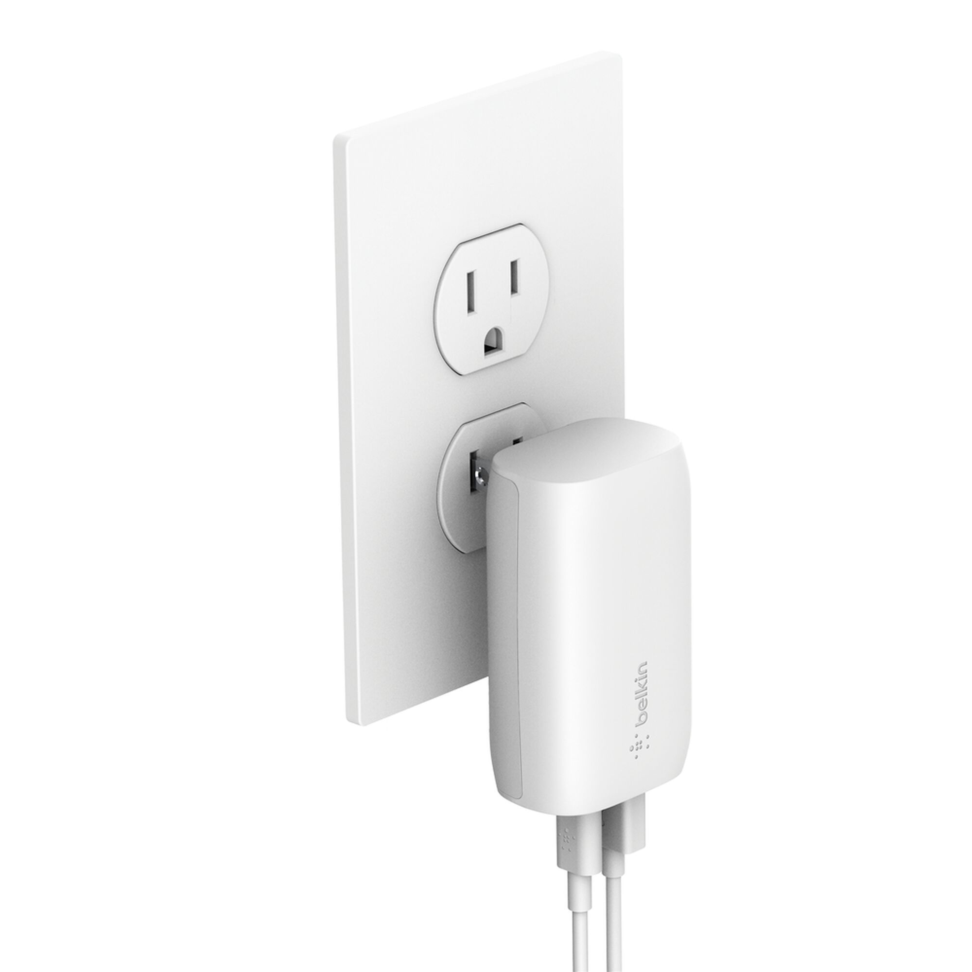 White Belkin BoostCharge 37W dual wall charger with USB-C and USB-A ports, shown with a white USB-C to Lightning cable. — view 9