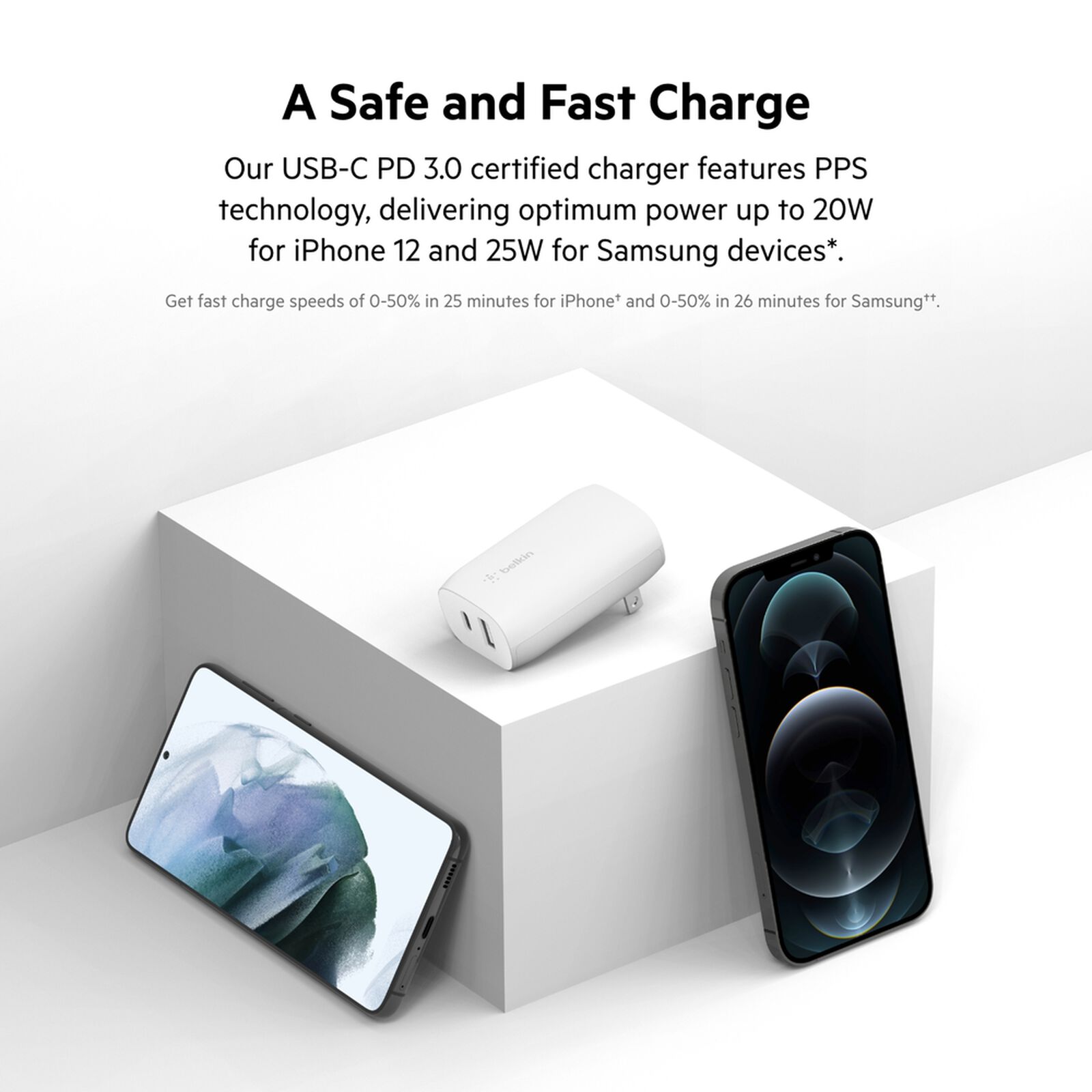White Belkin BoostCharge 37W dual wall charger with USB-C and USB-A ports, shown with a white USB-C to Lightning cable. — view 2