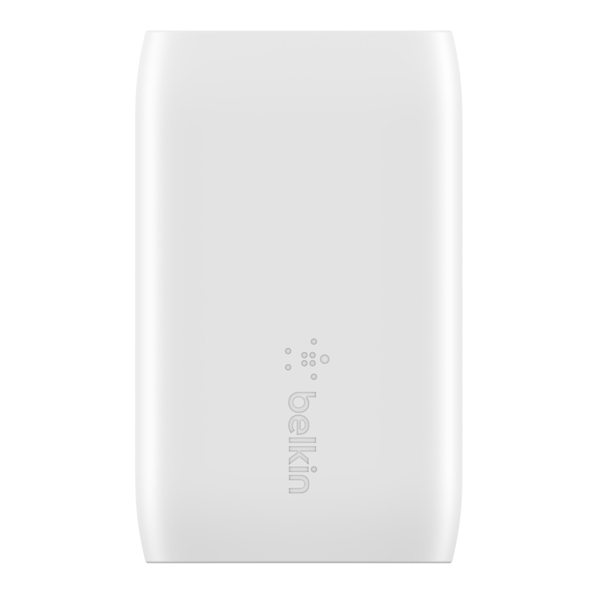 White Belkin BoostCharge 37W dual wall charger with USB-C and USB-A ports, shown with a white USB-C to Lightning cable. — view 7