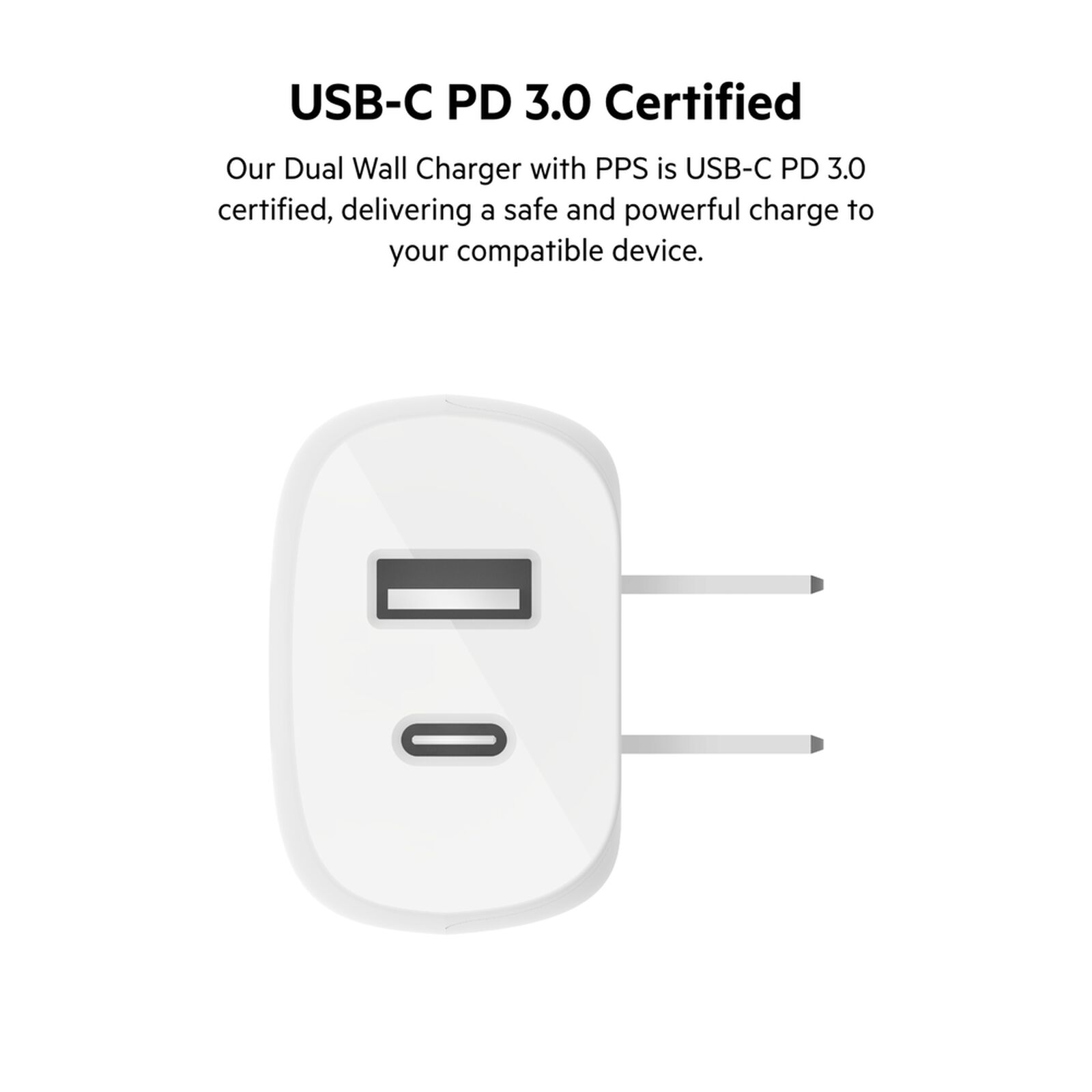 White Belkin BoostCharge 37W dual wall charger with USB-C and USB-A ports, shown with a white USB-C to Lightning cable. — view 4