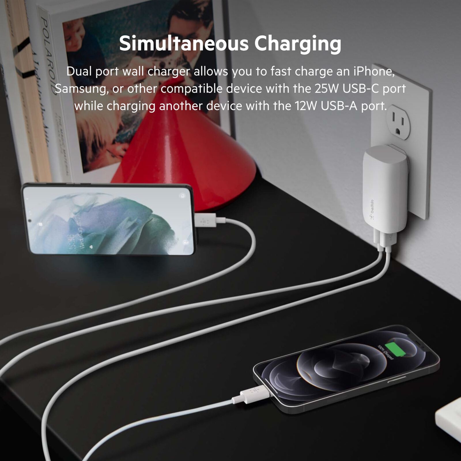 White Belkin BoostCharge 37W dual wall charger with USB-C and USB-A ports, shown with a white USB-C to Lightning cable. — view 3
