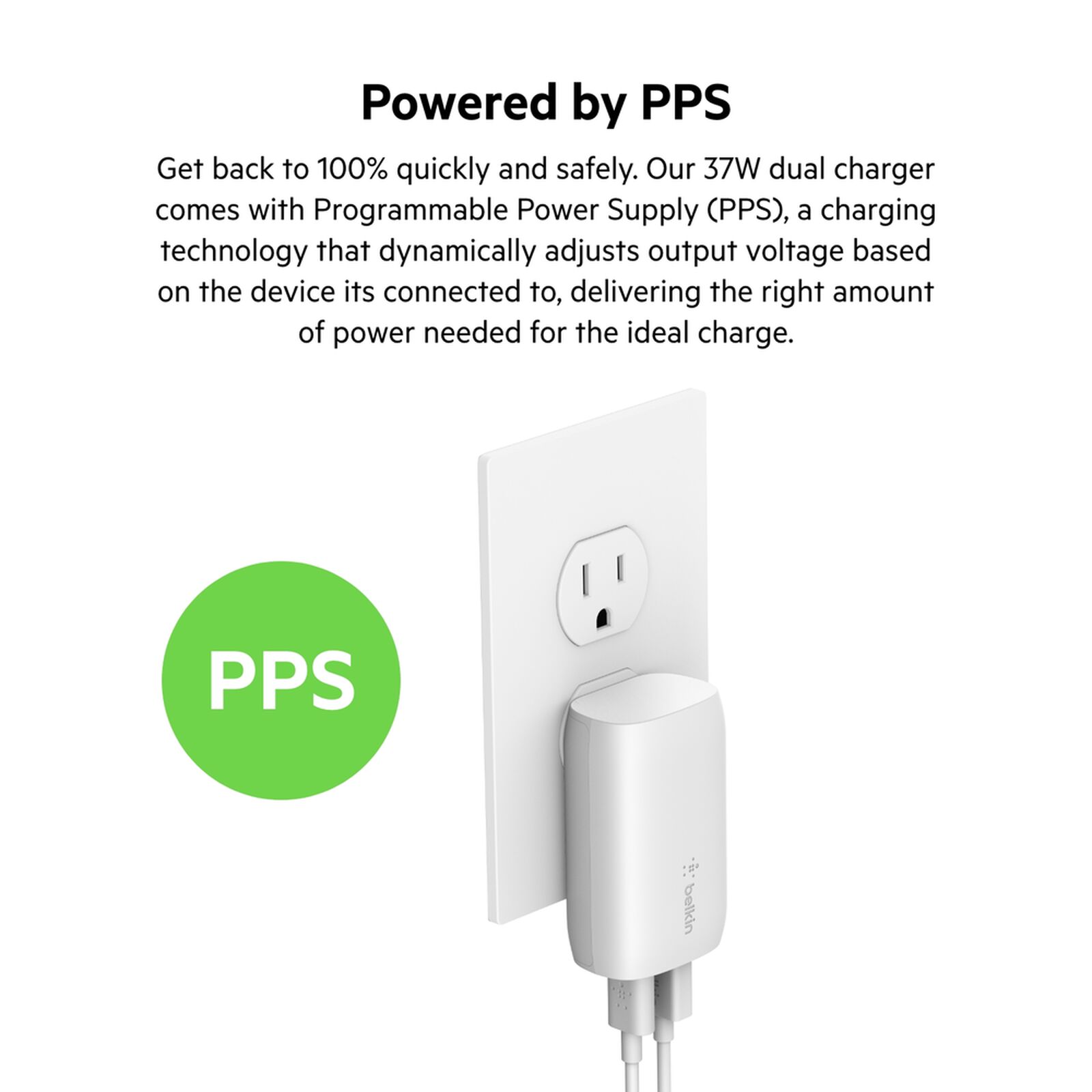 White Belkin BoostCharge 37W dual wall charger with USB-C and USB-A ports, shown with a white USB-C to Lightning cable. — view 5