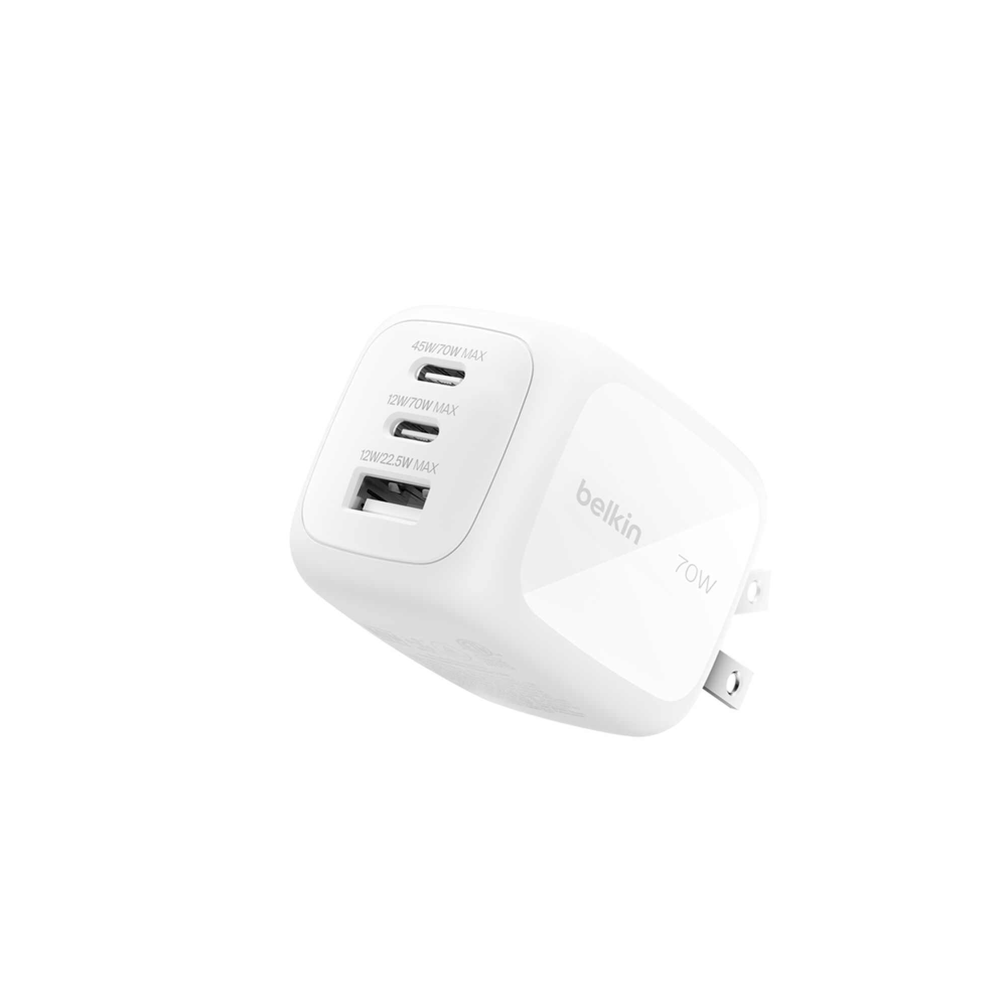 Belkin BoostCharge Pro 3-Port GaN Wall Charger 70W with USB-C and USB-A, White