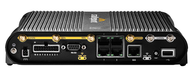 Cradlepoint IBR1700 ruggedized metal in-vehicle router with SMA cellular and RP-SMA Wi-Fi antenna connectors and Gigabit Ethernet ports. — view 2