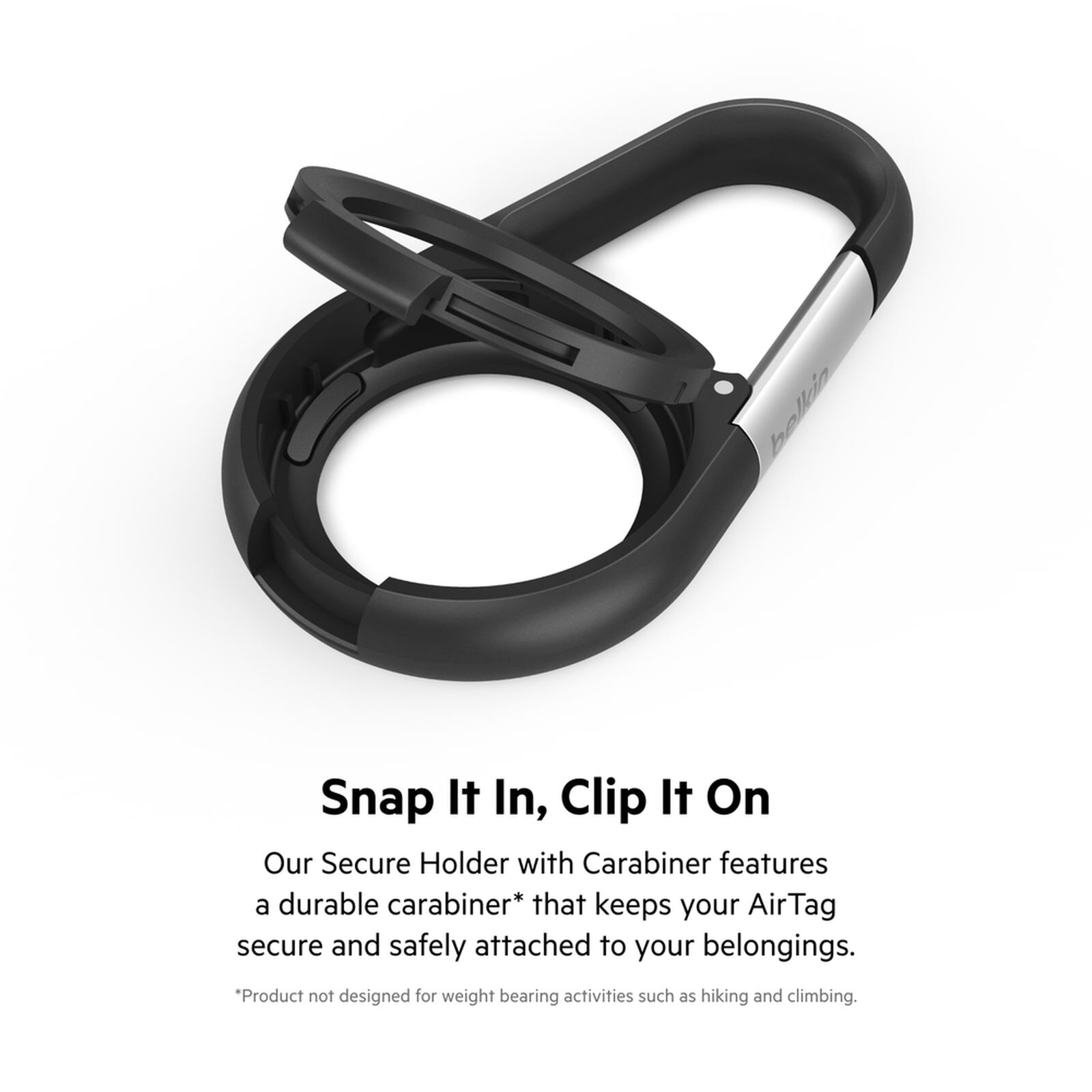 Black Belkin Secure Holder with a metal carabiner clip holding an Apple AirTag. — view 2