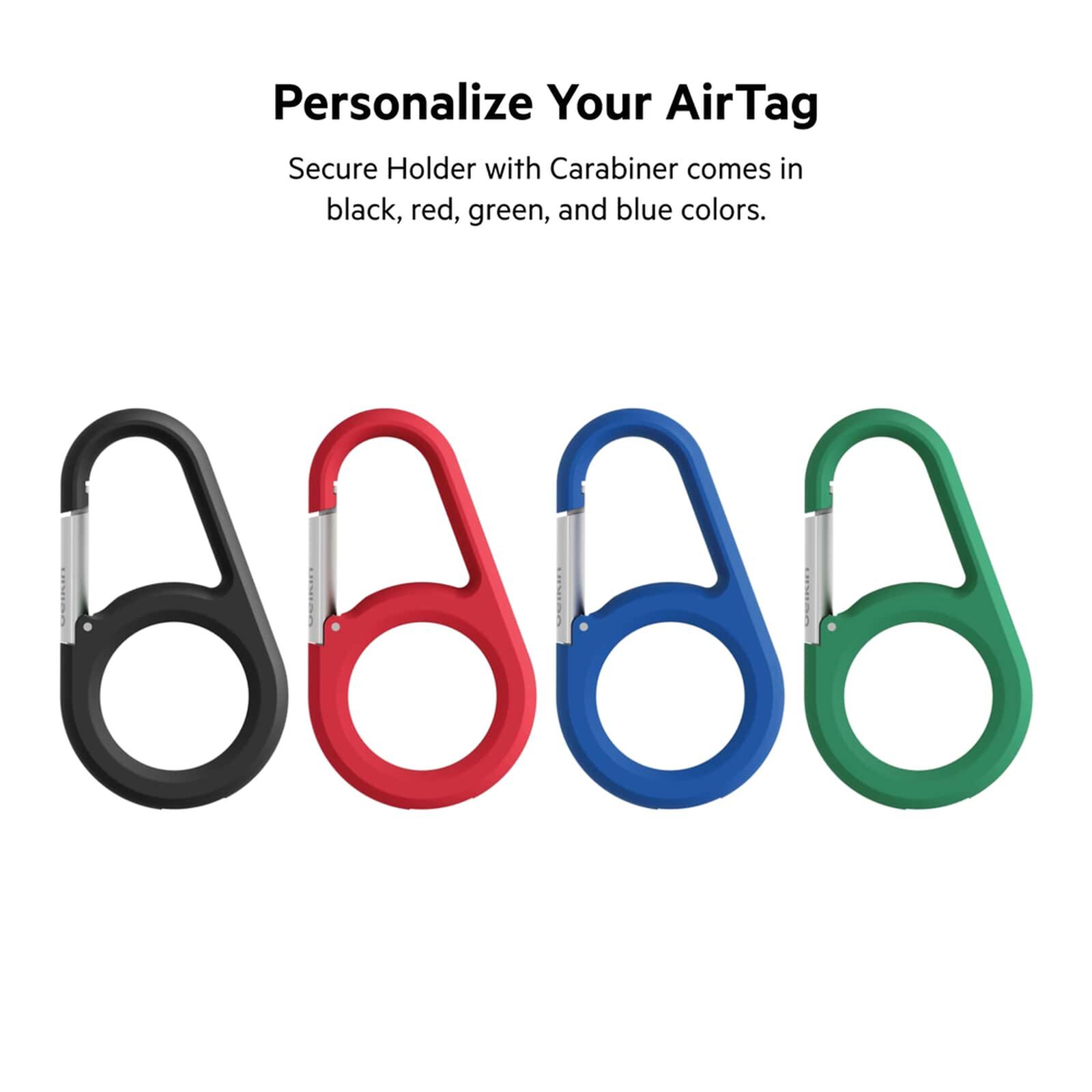 Black Belkin Secure Holder with a metal carabiner clip holding an Apple AirTag. — view 6