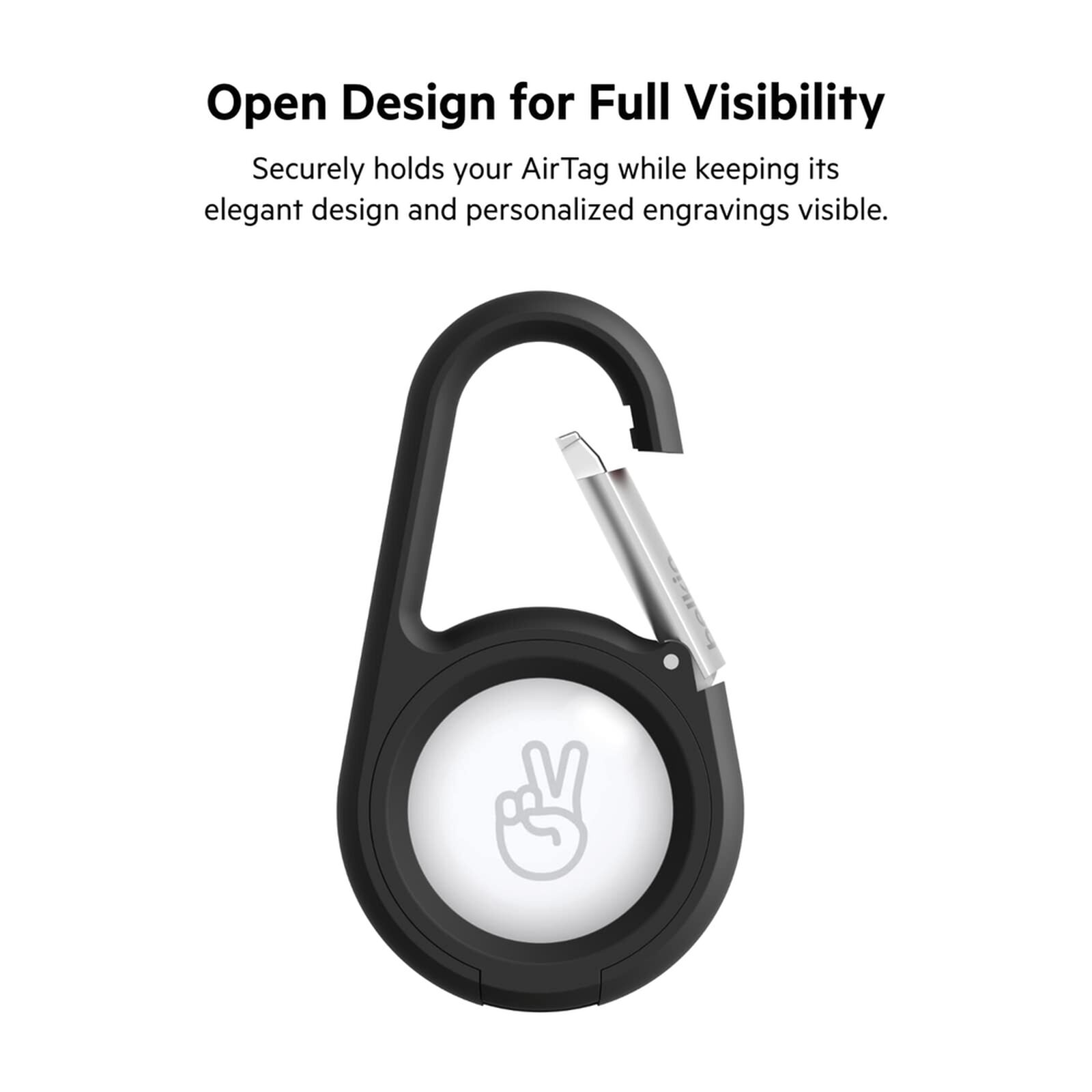 Black Belkin Secure Holder with a metal carabiner clip holding an Apple AirTag. — view 5