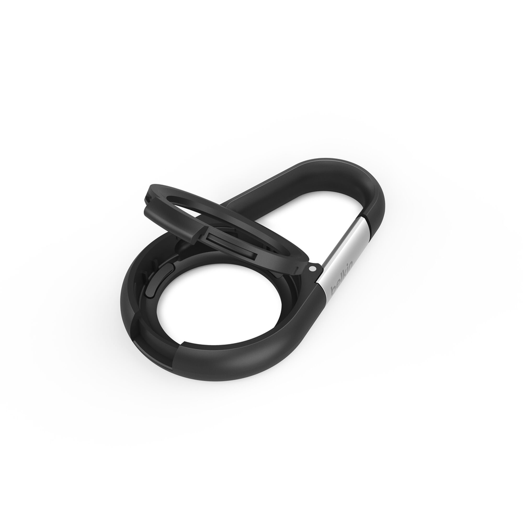 Black Belkin Secure Holder with a metal carabiner clip holding an Apple AirTag. — view 8