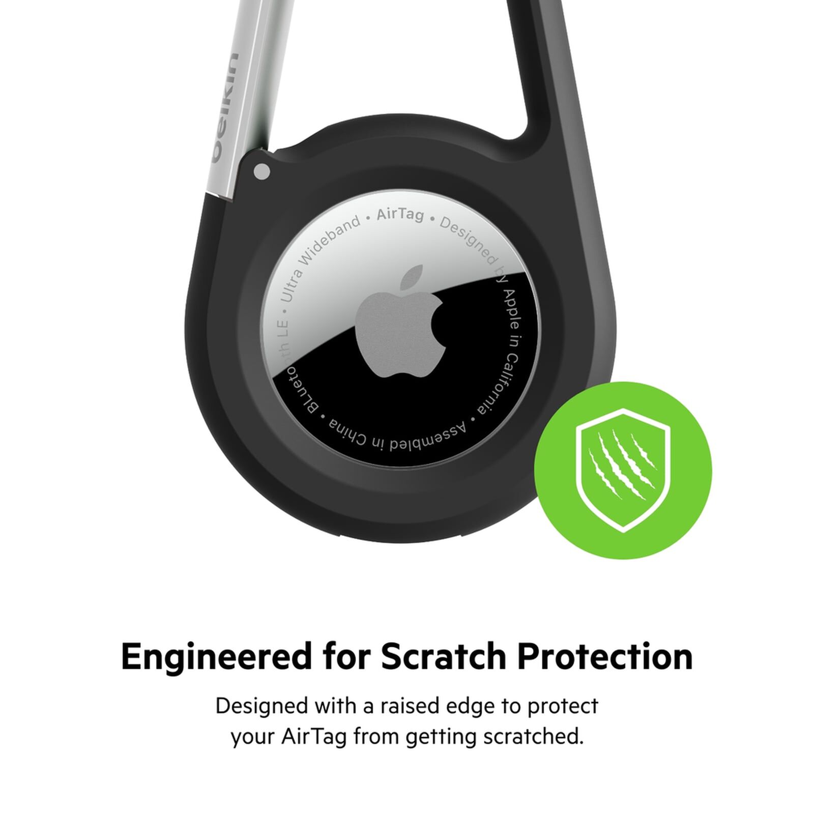 Black Belkin Secure Holder with a metal carabiner clip holding an Apple AirTag. — view 4