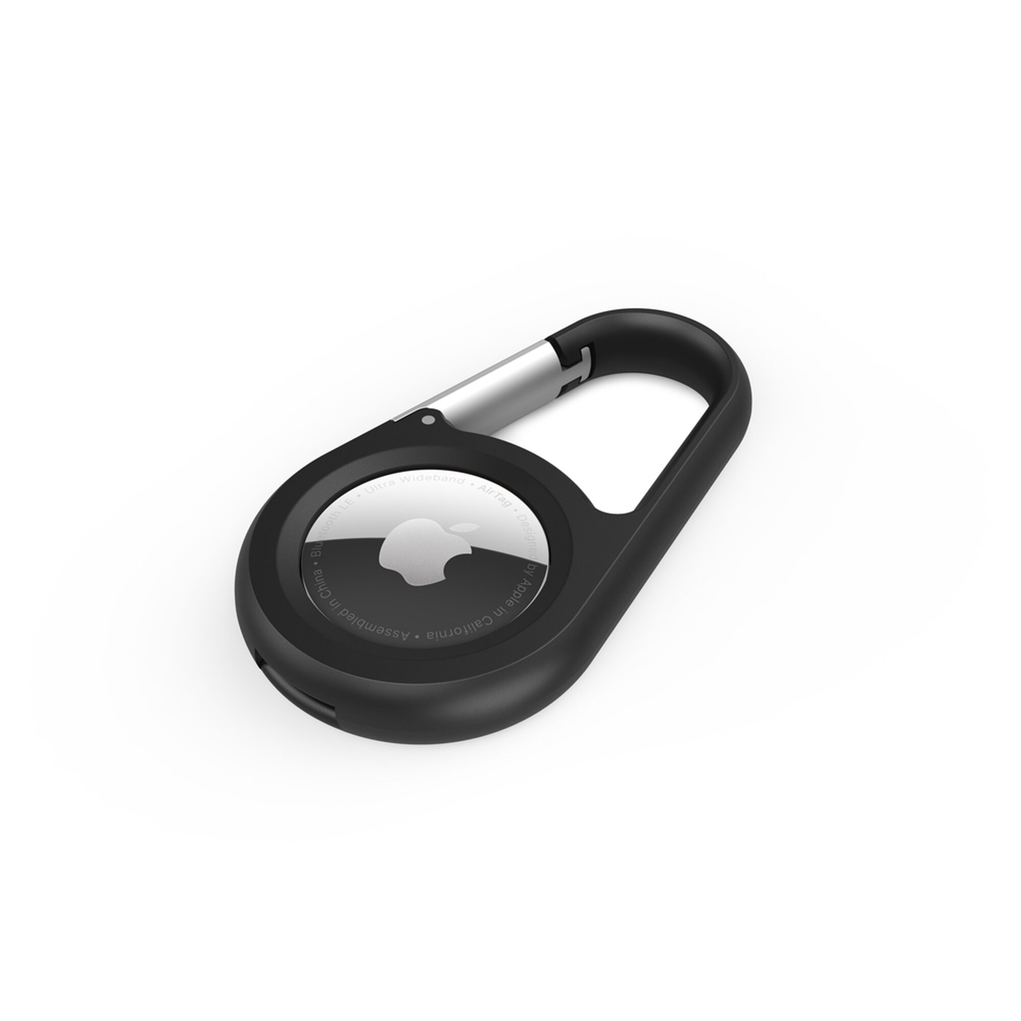 Black Belkin Secure Holder with a metal carabiner clip holding an Apple AirTag. — view 7