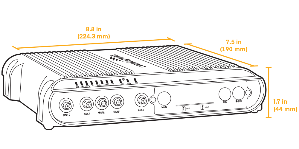 Cradlepoint IBR1700 ruggedized metal in-vehicle LTE router with SMA and RP-SMA antenna connectors. — view 3