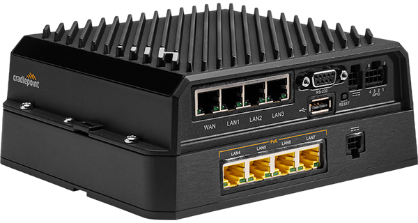 Cradlepoint RX30-PoE managed accessory with four Gigabit PoE Ethernet ports, shown docked to an R1900 5G ruggedized router. — view 3