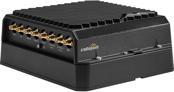 Cradlepoint RX30-PoE managed accessory with four Gigabit PoE Ethernet ports, shown docked to an R1900 5G ruggedized router. — view 4