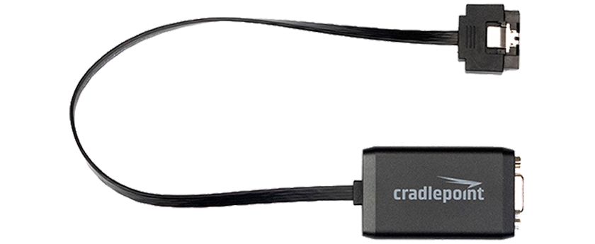 Black Cradlepoint TAA-170767-000 COR Extensibility Cable with a SATA connector on one end and a DB9 serial connector on the other.