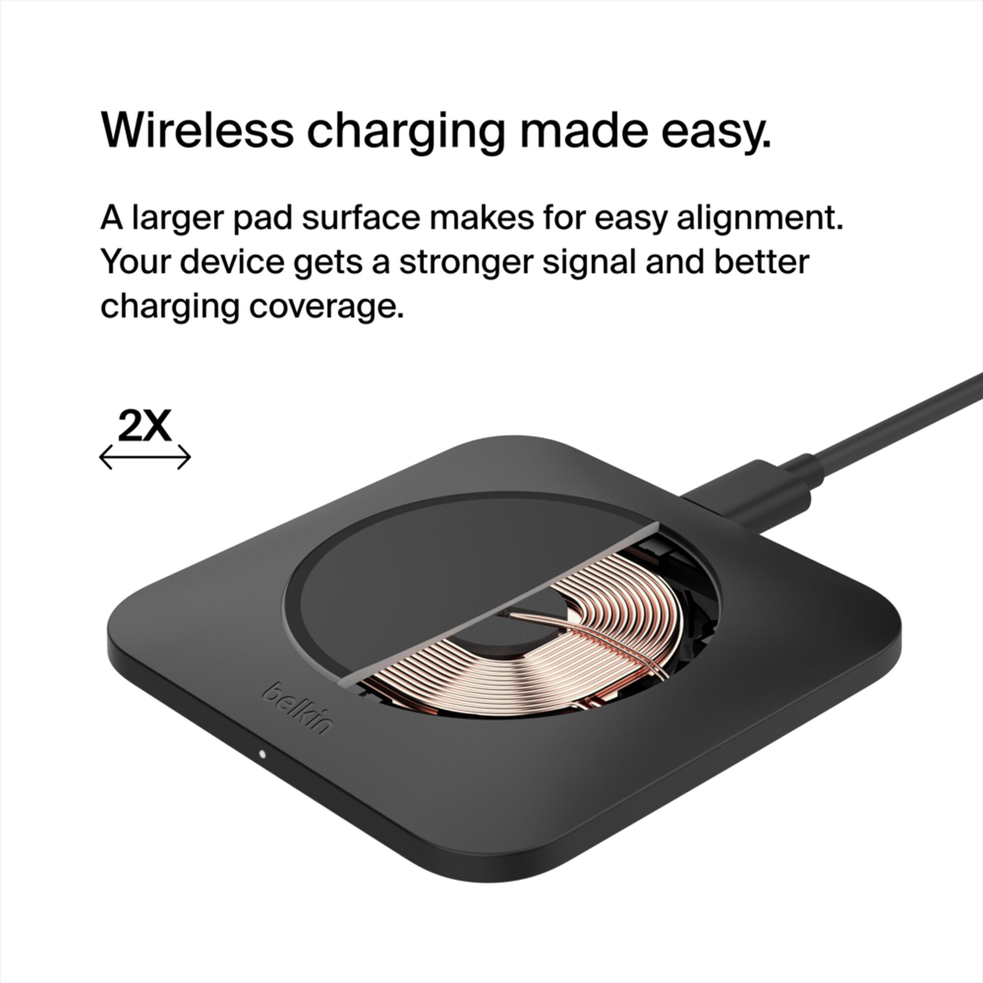 Belkin BoostCharge Pro Universal Easy Align 15W wireless charging pad in black with its attached USB-C power cable. — view 3
