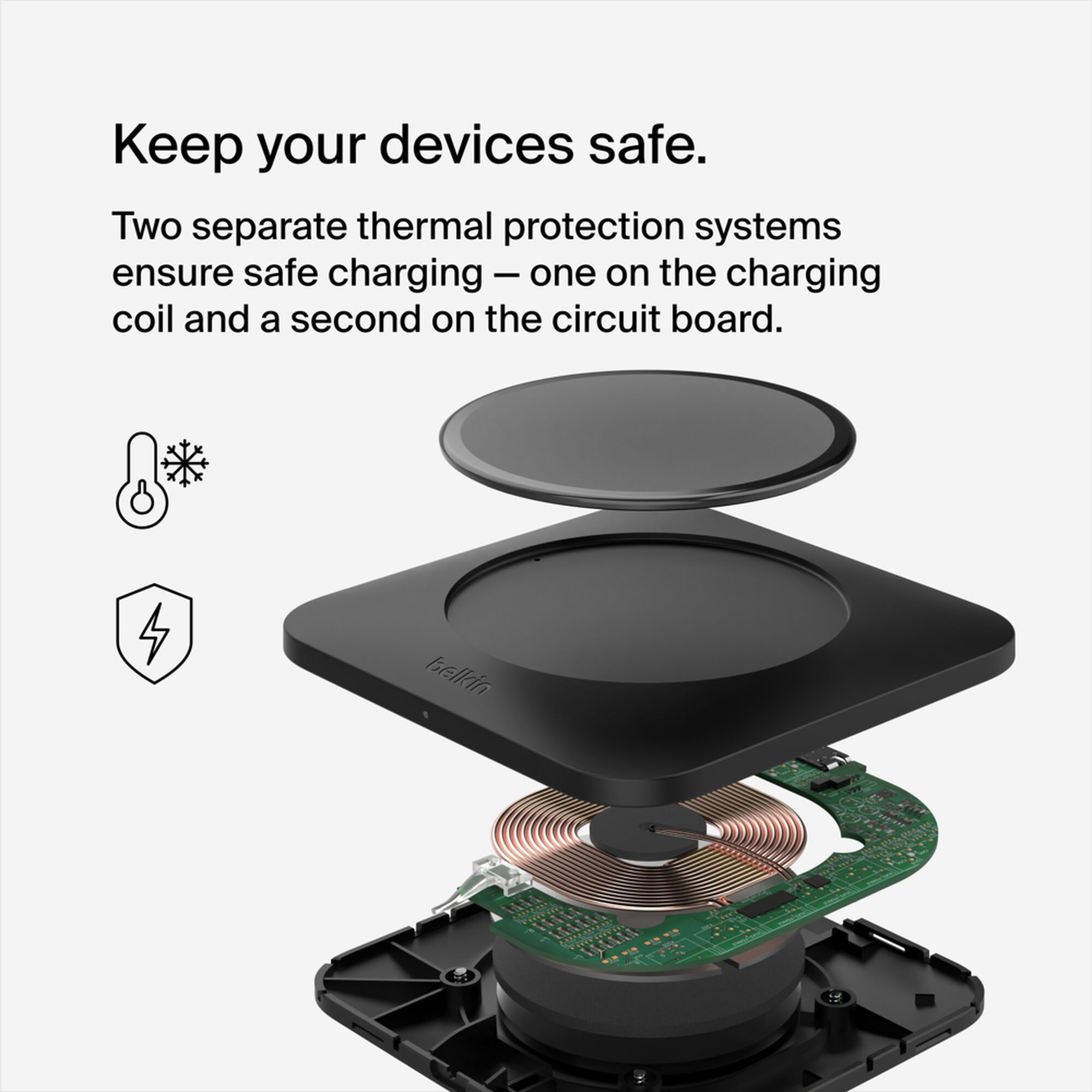 Belkin BoostCharge Pro Universal Easy Align 15W wireless charging pad in black with its attached USB-C power cable. — view 5