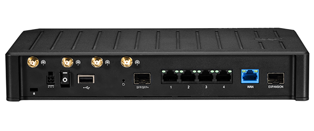 Front view of the Cradlepoint E300-5GB 5G branch router with status LEDs. — view 2