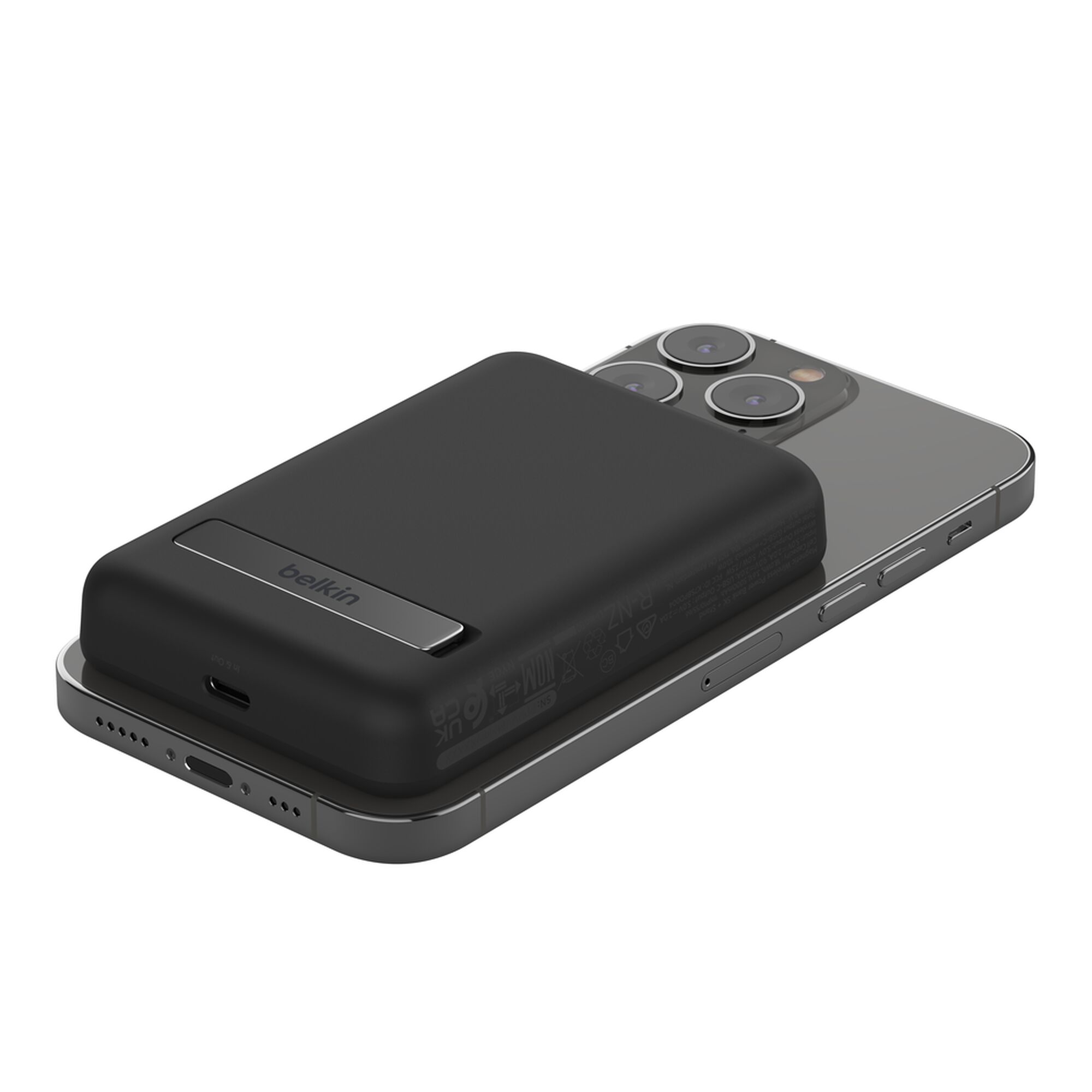 Black Belkin BoostCharge Magnetic Wireless Power Bank 5K with its metal fold-out kickstand extended. — view 11